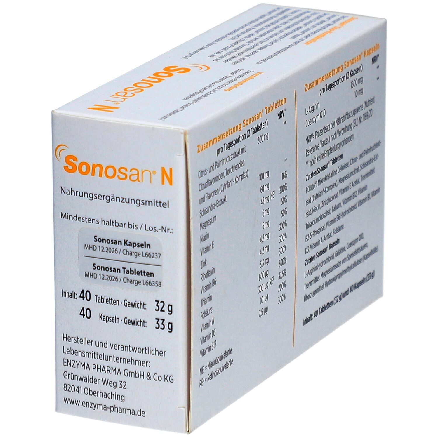 Sonosan® N-Verpackung. Rückseite mit Inhaltsangaben und Herstellerinformationen. Enthält 40 Tabletten und 40 Kapseln.