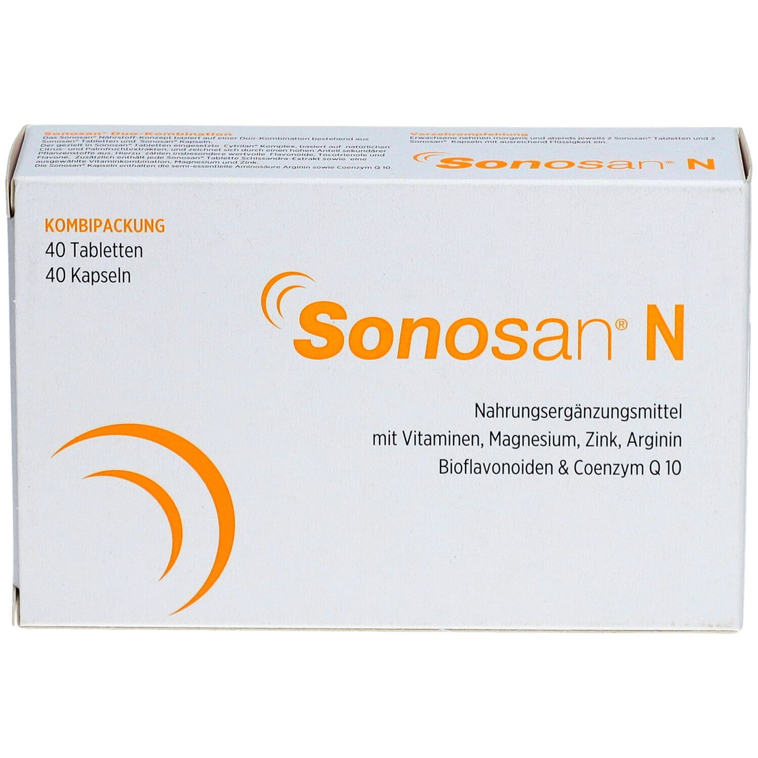 Sonosan® N-Verpackung. Weißer Karton mit gelbem Logo und Text. Enthält 40 Tabletten und 40 Kapseln.