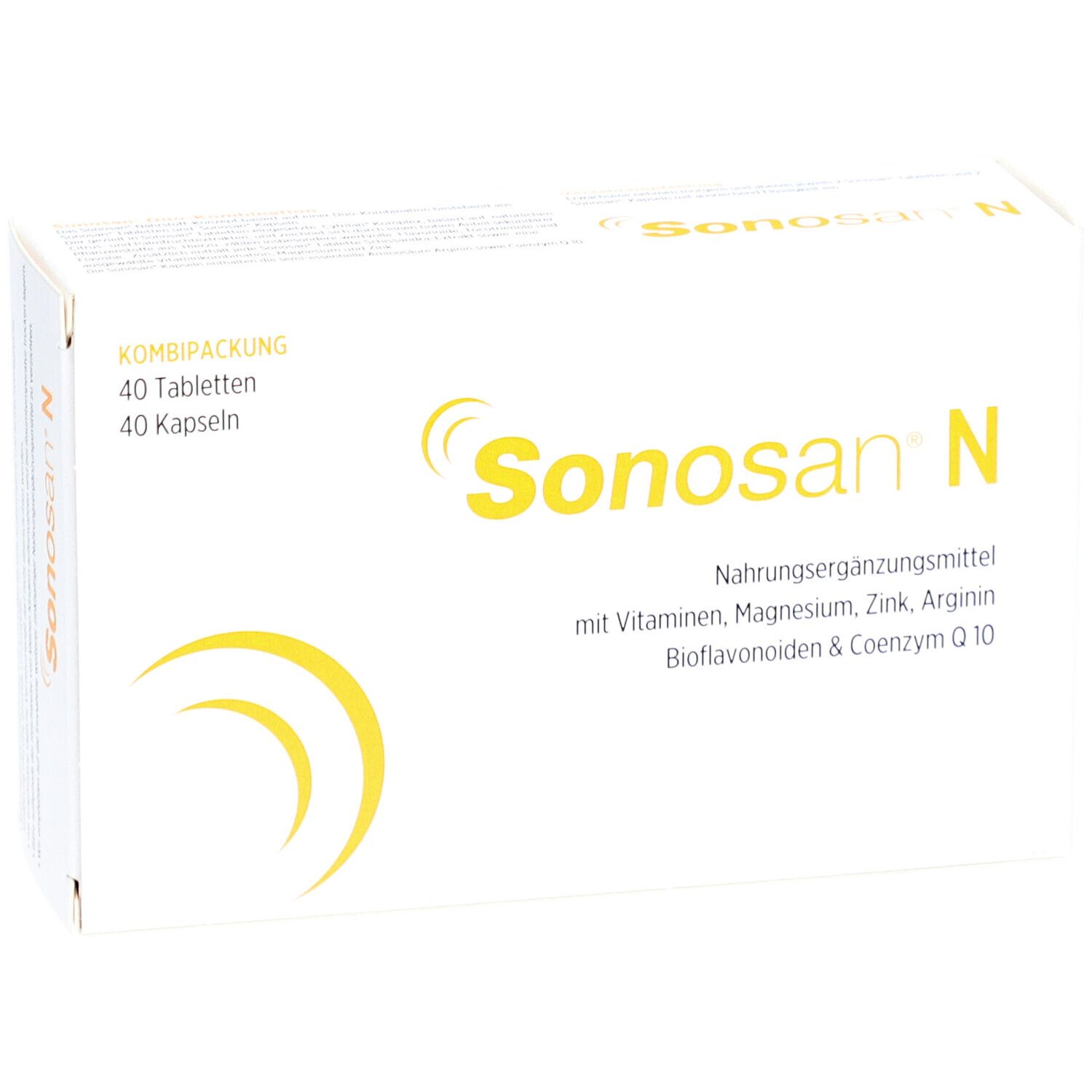 Sonosan® N-Verpackung. Weißer Karton mit gelbem Logo und Text. Enthält 40 Tabletten und 40 Kapseln.