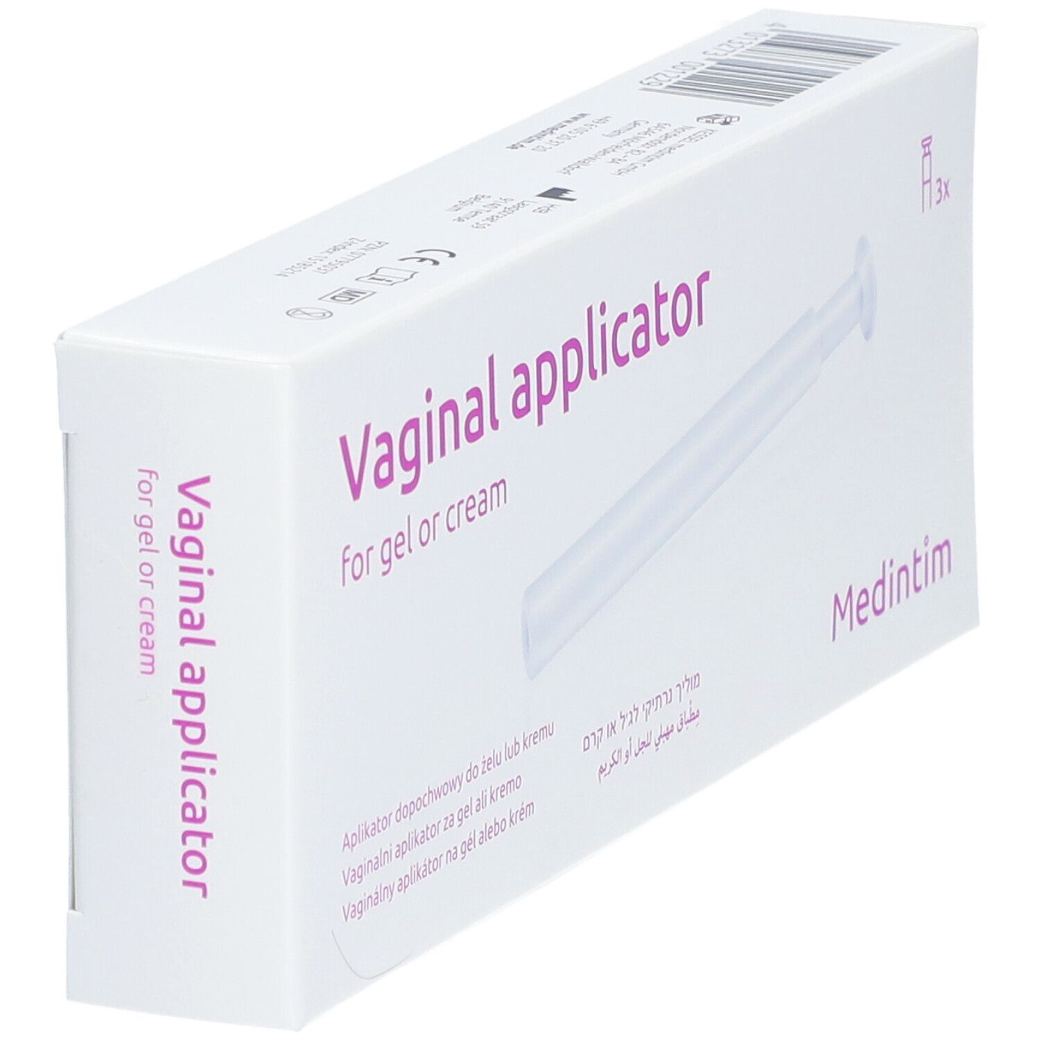 Schräg gestellte Verpackung mit Applikator für Gel oder Creme. Aufschrift: Vaginal applicator. Marke: Medintim.