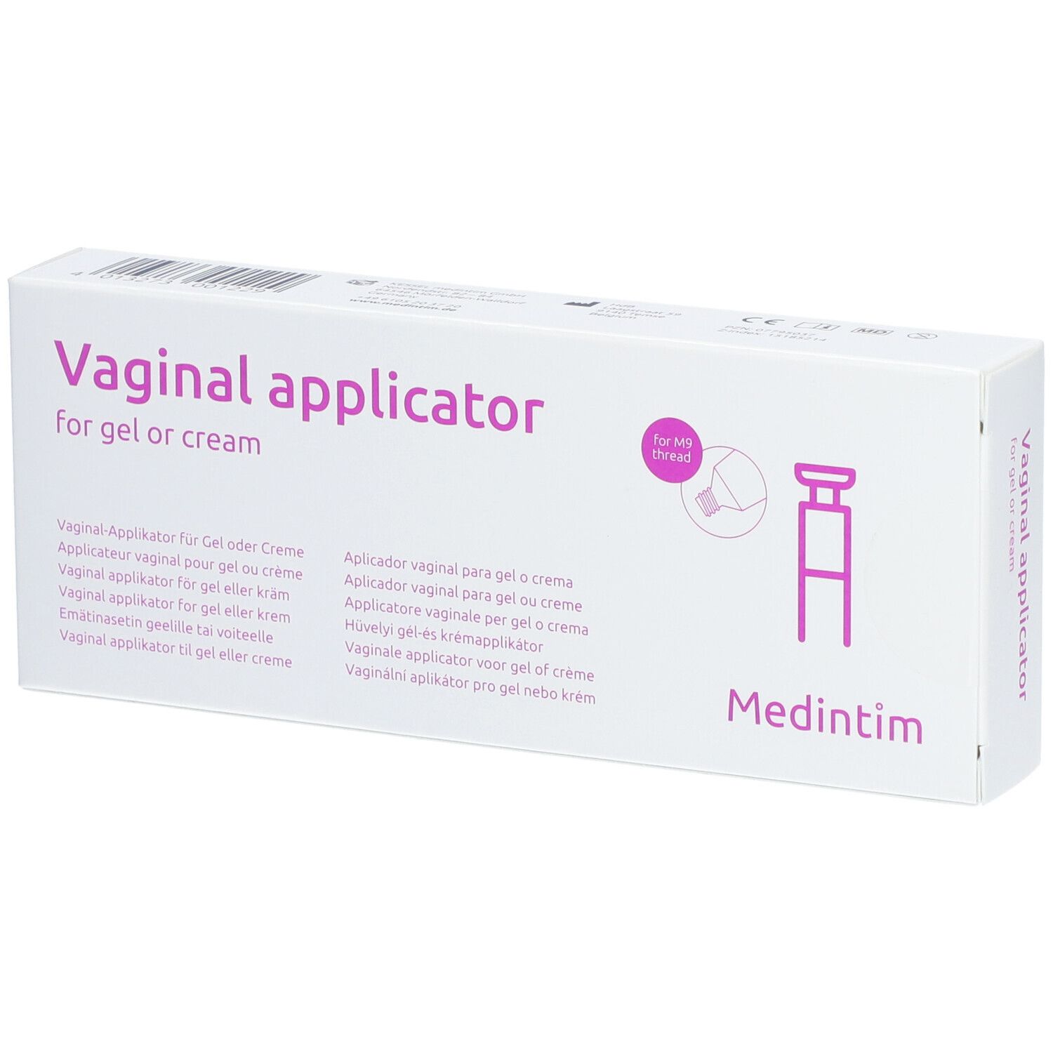 Verpackung mit Applikator für Gel oder Creme. Aufschrift: Vaginal applicator. Marke: Medintim. Abbildung eines Applikators.