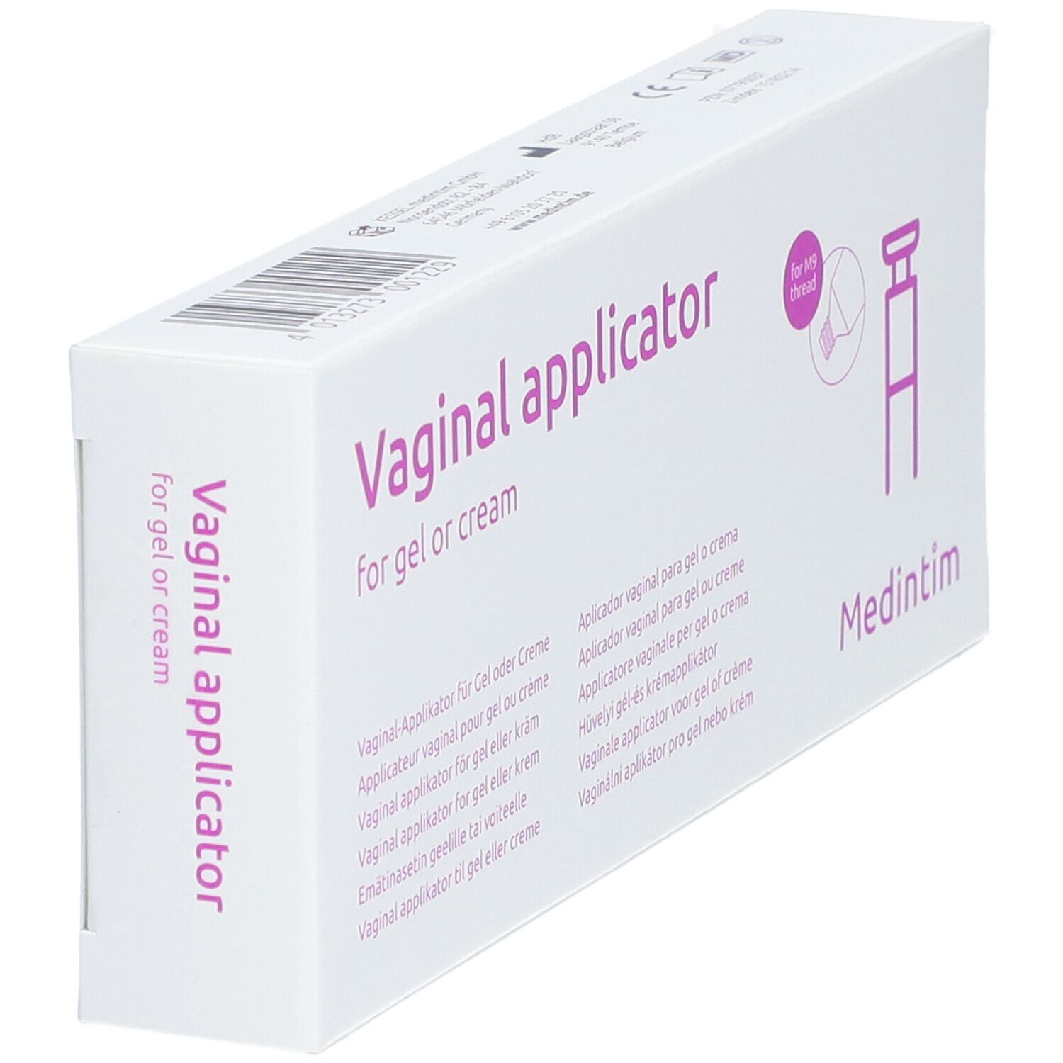 Schräg gestellte Verpackung mit Applikator für Gel oder Creme. Aufschrift: Vaginal applicator. Marke: Medintim. Abbildung eines Applikators.