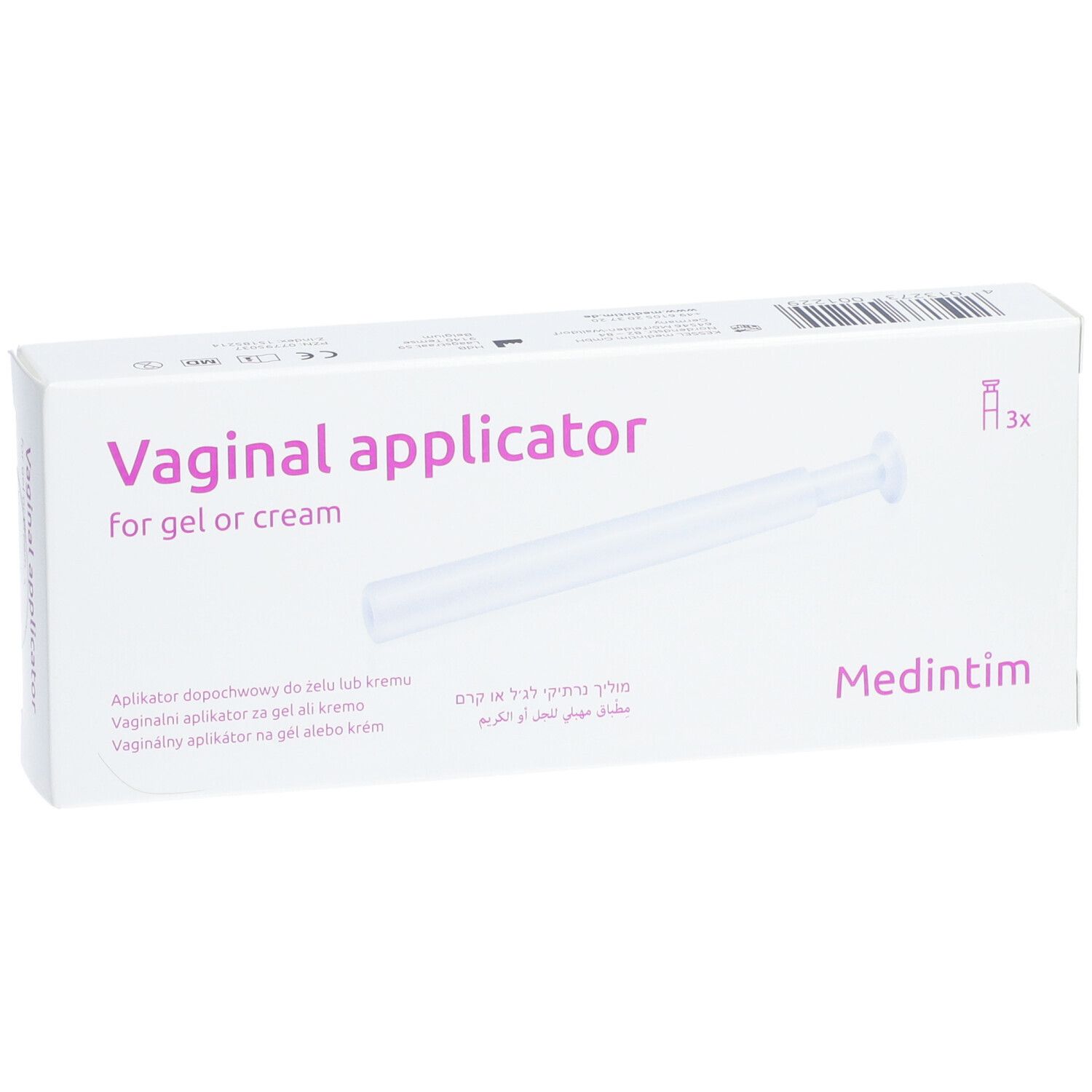 Verpackung mit Applikator für Gel oder Creme. Aufschrift: Vaginal applicator. Marke: Medintim. Enthält 3 Applikatoren.