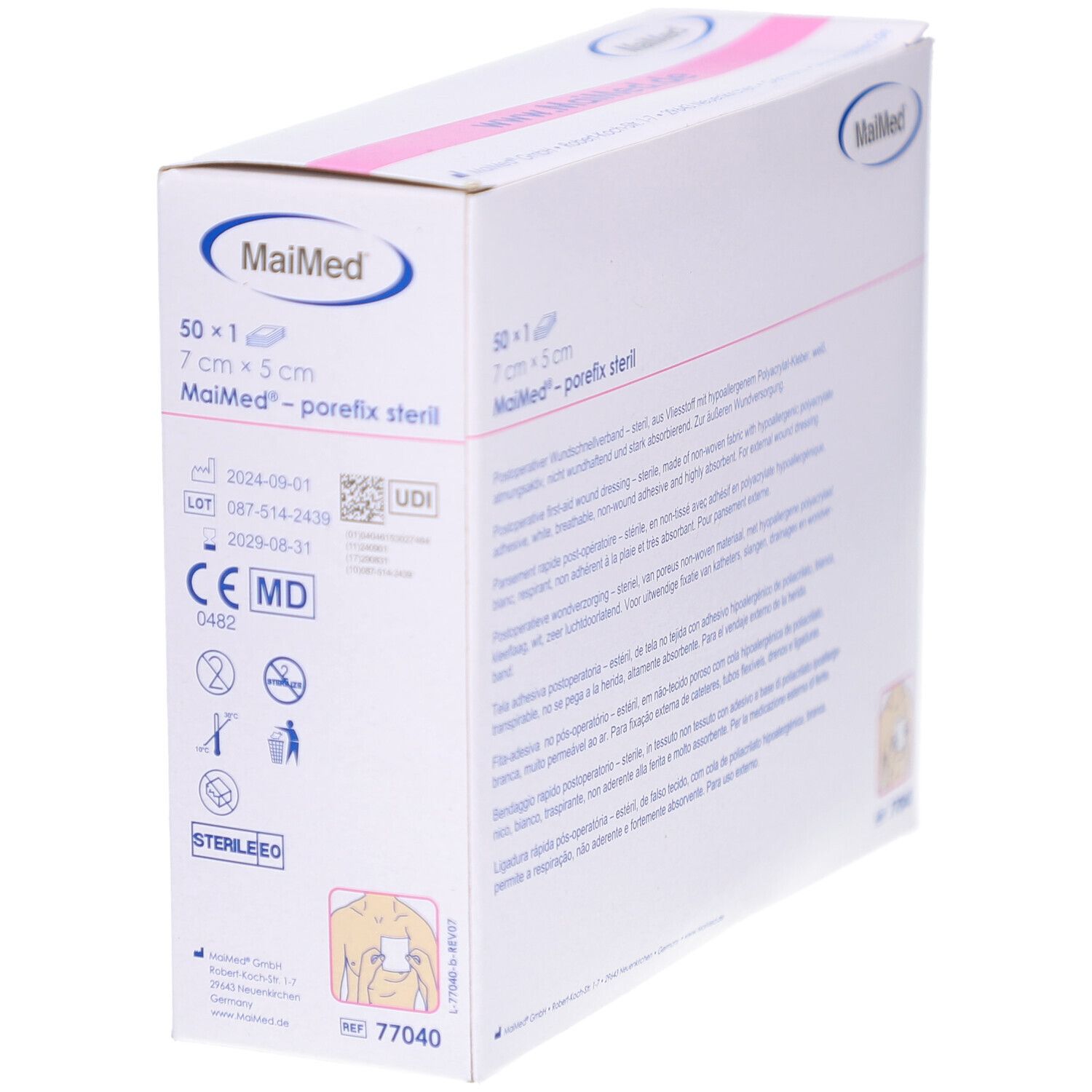 MaiMed porefix steril Verpackung. 50 Stück, 7 x 5 cm. Weißer Karton mit Logo und Produktinformationen. Medizinprodukt.