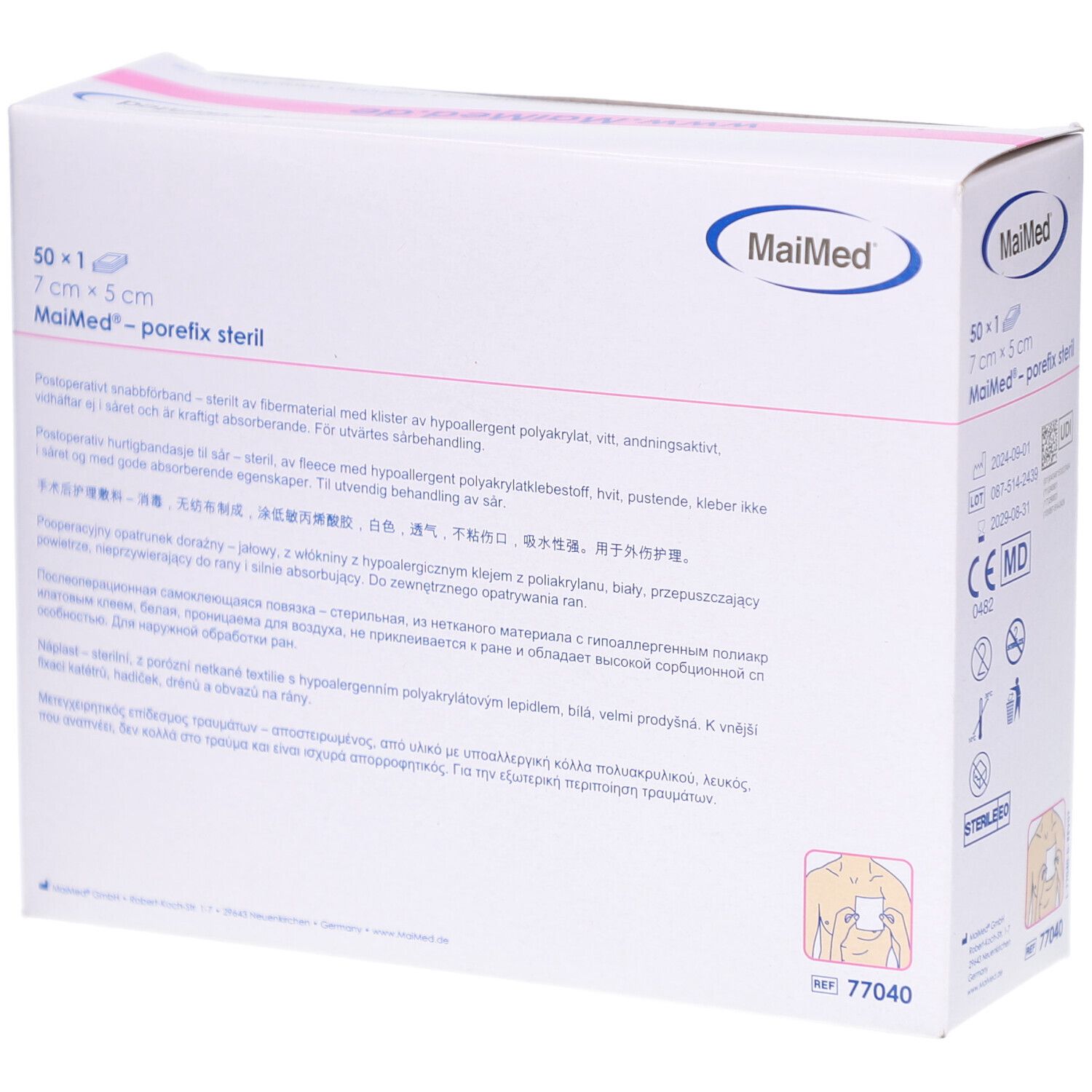 MaiMed porefix steril Verpackung. 50 Stück, 7 x 5 cm. Weißer Karton mit Produktinformationen und Logo. Medizinprodukt.