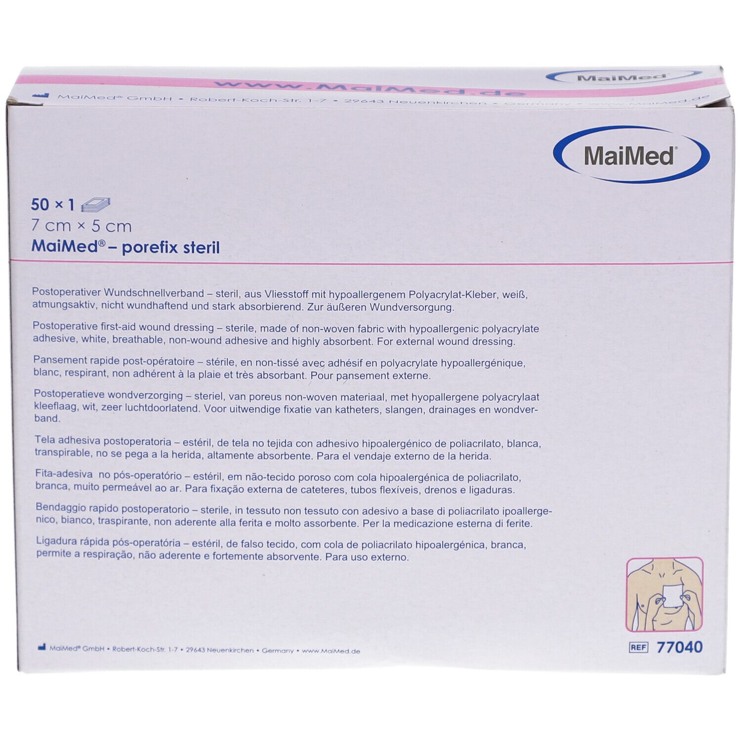 MaiMed porefix steril Verpackung. 50 Stück, 7 x 5 cm. Weißer Karton mit Produktinformationen und Logo. Medizinprodukt.