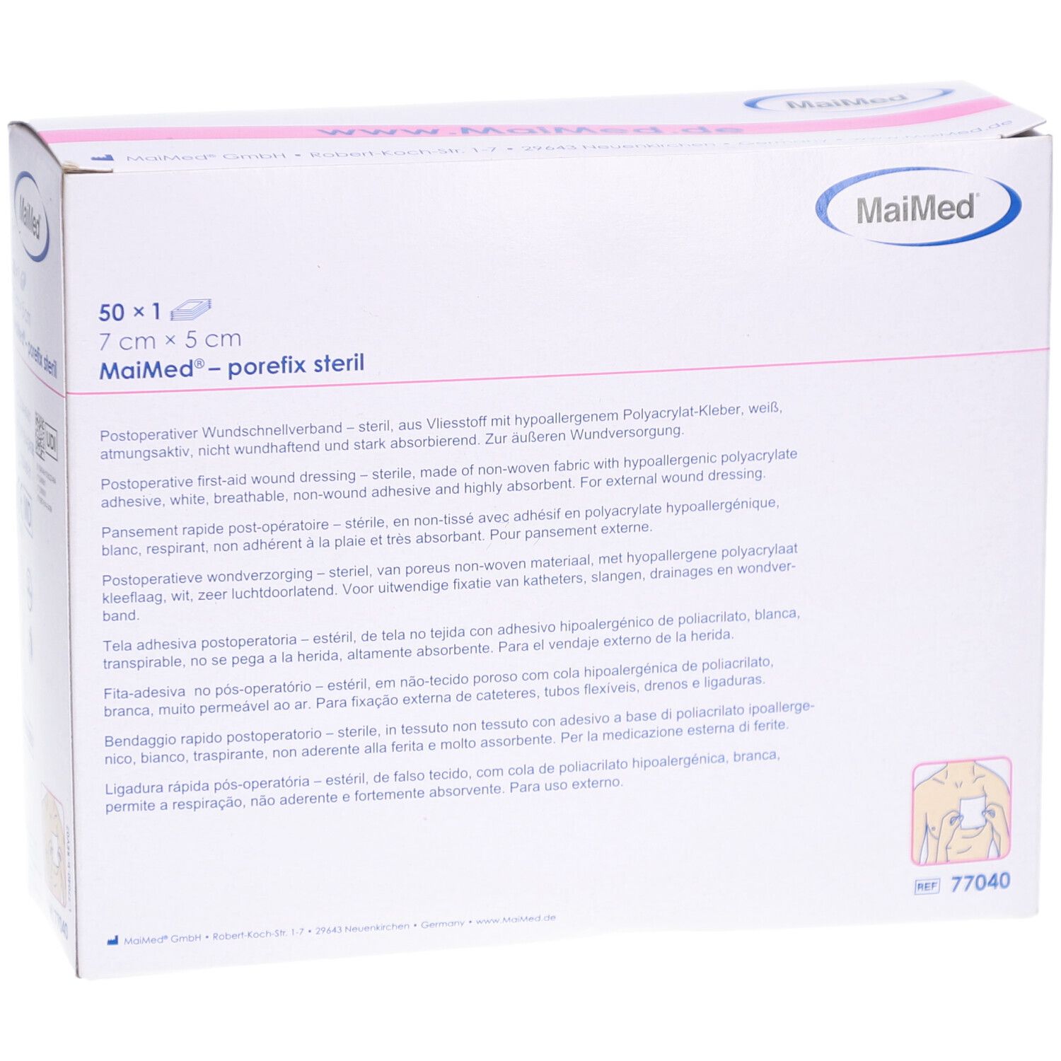 MaiMed porefix steril Verpackung. 50 Stück, 7 x 5 cm. Weißer Karton mit Produktinformationen und Logo. Medizinprodukt.