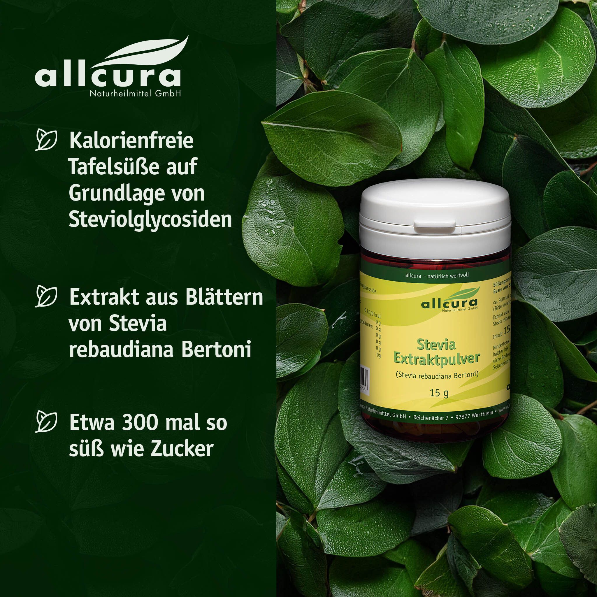 Dose Stevia Extraktpulver in Blättern. Text: Kalorienfreie Tafelsüße, Extrakt aus Stevia, 300 mal süßer als Zucker.