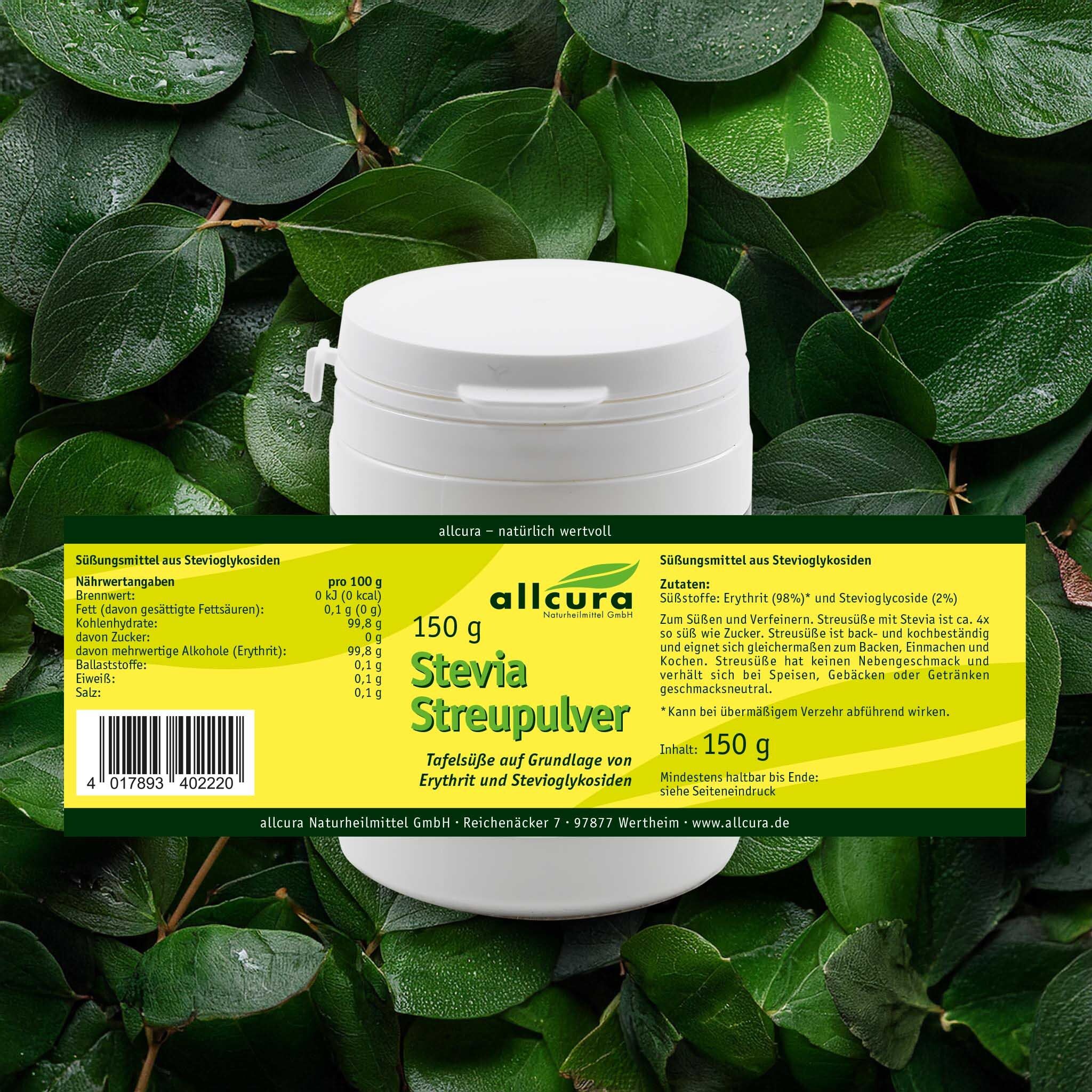 Weißer Behälter mit grünem Etikett, umgeben von Blättern. Aufschrift: Stevia Streupulver, 150 g. Marke: allcura.