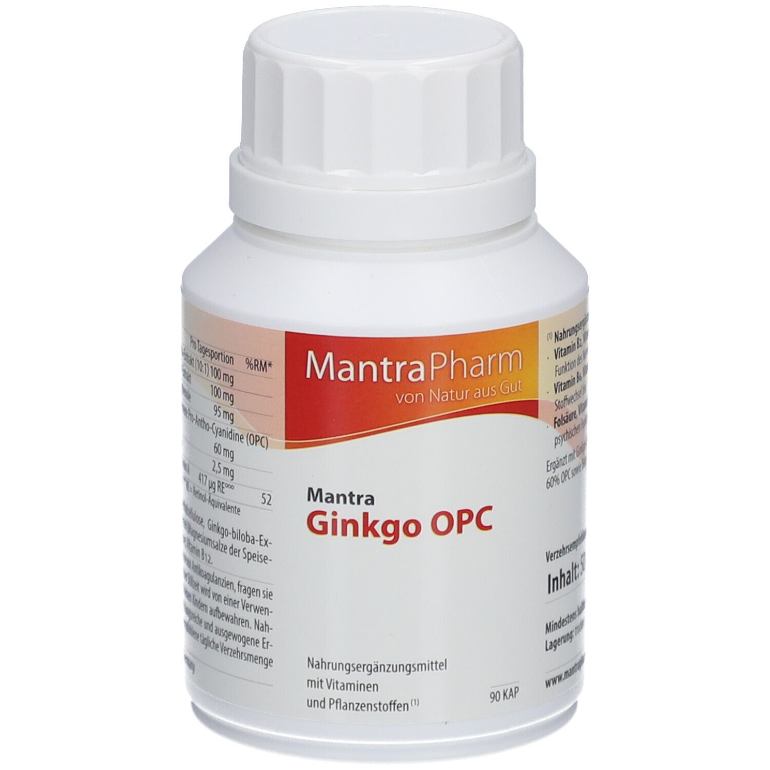 Weiße Flasche mit Kapseln. Aufkleber mit Produktnamen: Mantra Ginkgo OPC. Roter Streifen mit Text. 90 Kapseln.