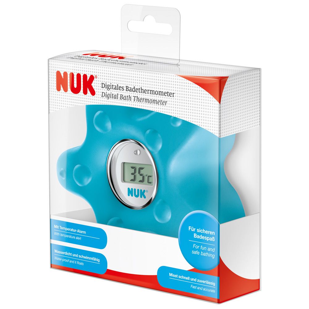 Verpackung mit blauem, sternförmigem Badethermometer. Digitales Thermometer zeigt 35°C an. Text: NUK, Digitales Badethermometer.