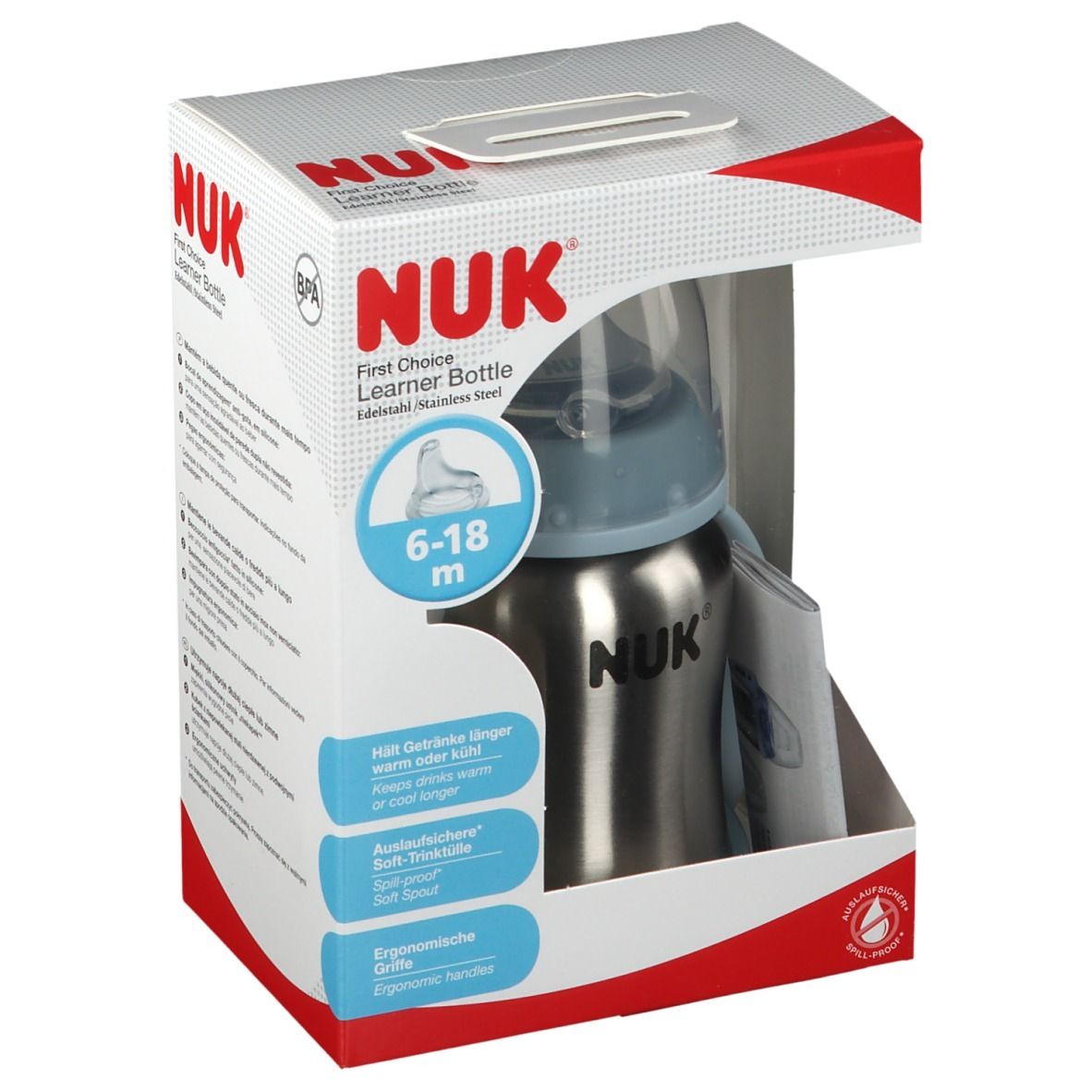 NUK First Choice Plus Learner Cup Edelstahl Trinklernflasche blau 125ml mit Griffen & Silikon Trinktülle, 6-18 Monate