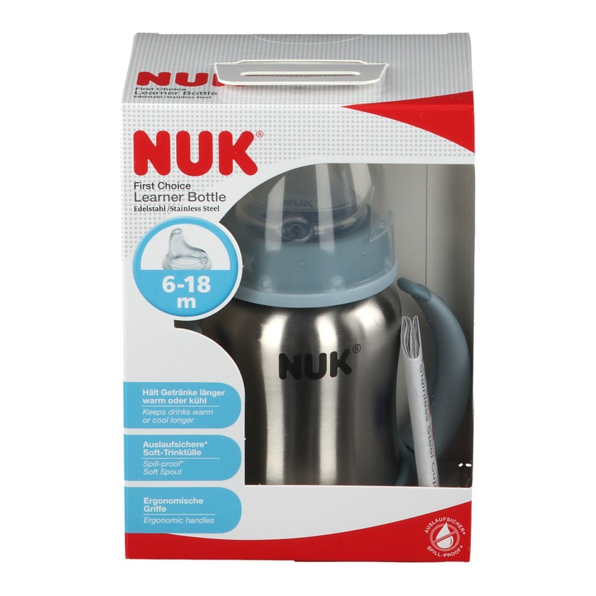 NUK First Choice Plus Learner Cup Edelstahl Trinklernflasche blau 125ml mit Griffen & Silikon Trinktülle, 6-18 Monate