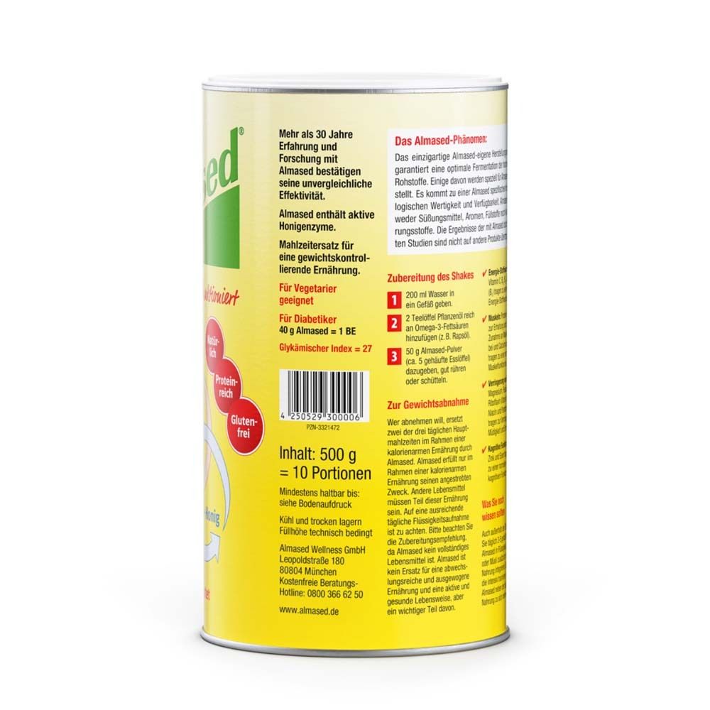 Gelbe Dose Almased. Rückseite mit Text, Zubereitungshinweisen, Nährwertangaben, und Inhaltsangaben. Inhalt: 500 g = 10 Portionen.