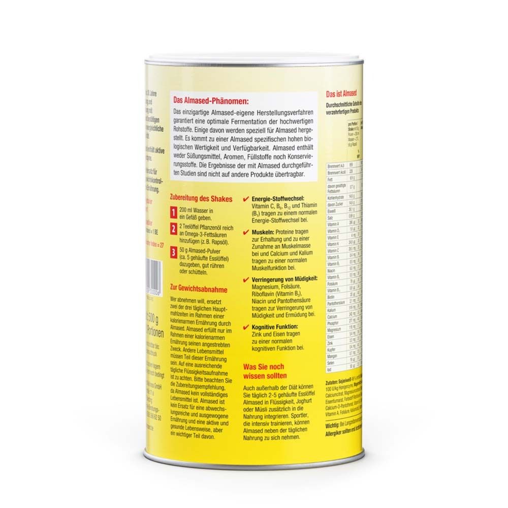 Gelbe Dose Almased. Rückseite mit Text über das Produkt, Zubereitungshinweisen, und Nährwertangaben. Inhalt: 500 g = 10 Portionen.