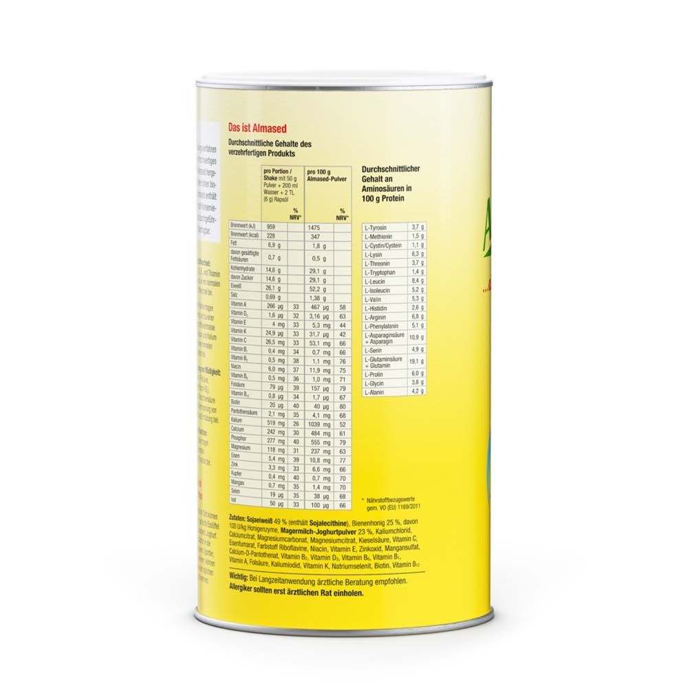 Gelbe Dose Almased. Rückseite mit Nährwertangaben, Vitaminen und Mineralstoffen. Inhalt: 100 g pro Portion.