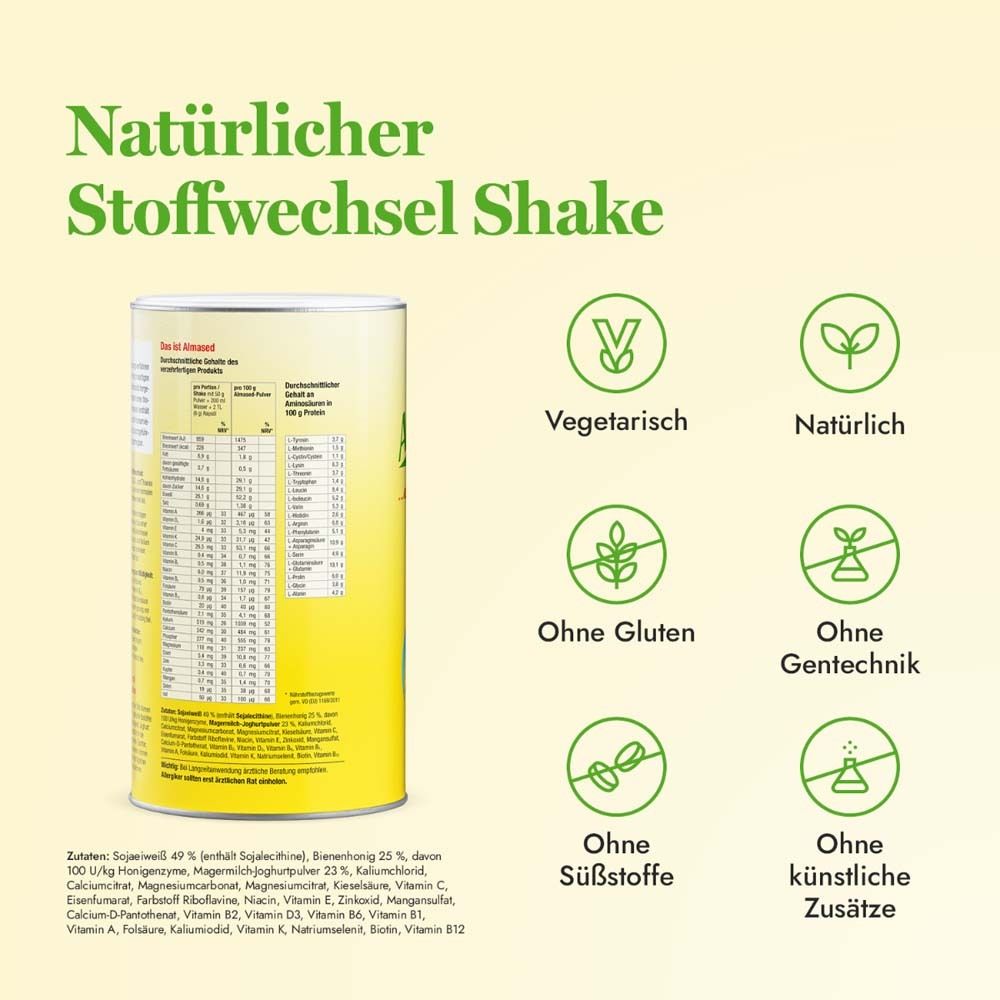 Gelbe Dose Almased. Aufschrift: Vegetarisch, natürlich, glutenfrei, ohne Gentechnik, ohne Süßstoffe, ohne künstliche Zusätze.