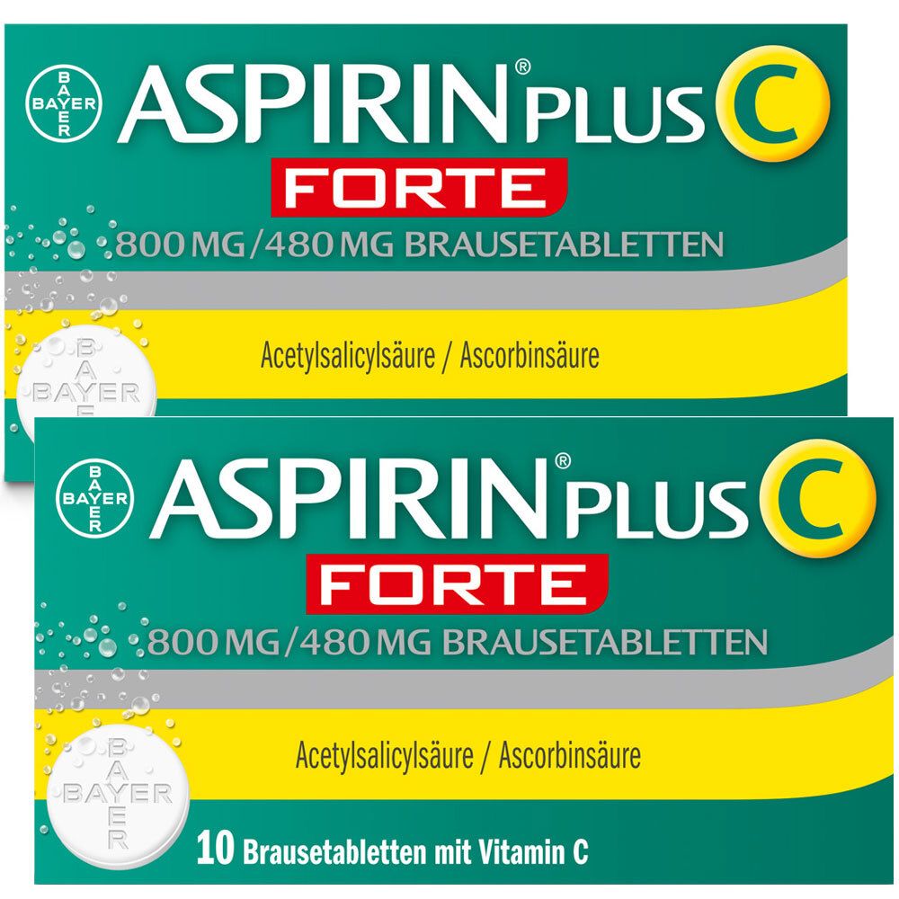 Zwei Packungen ASPIRIN® plus C forte. Aufschrift: 800 mg/480 mg Brausetabletten. 10 Brausetabletten mit Vitamin C.
