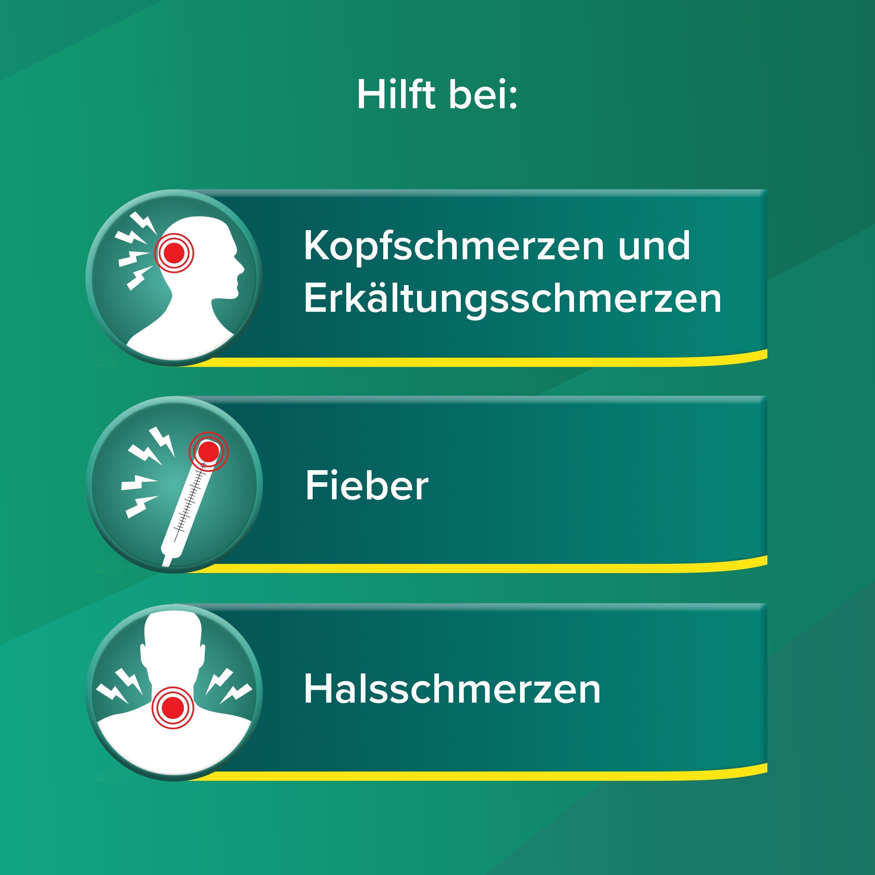 Grafik mit drei Icons. Kopfschmerzen, Fieber und Halsschmerzen. Text: Hilft bei: Kopfschmerzen und Erkältungsschmerzen, Fieber, Halsschmerzen.