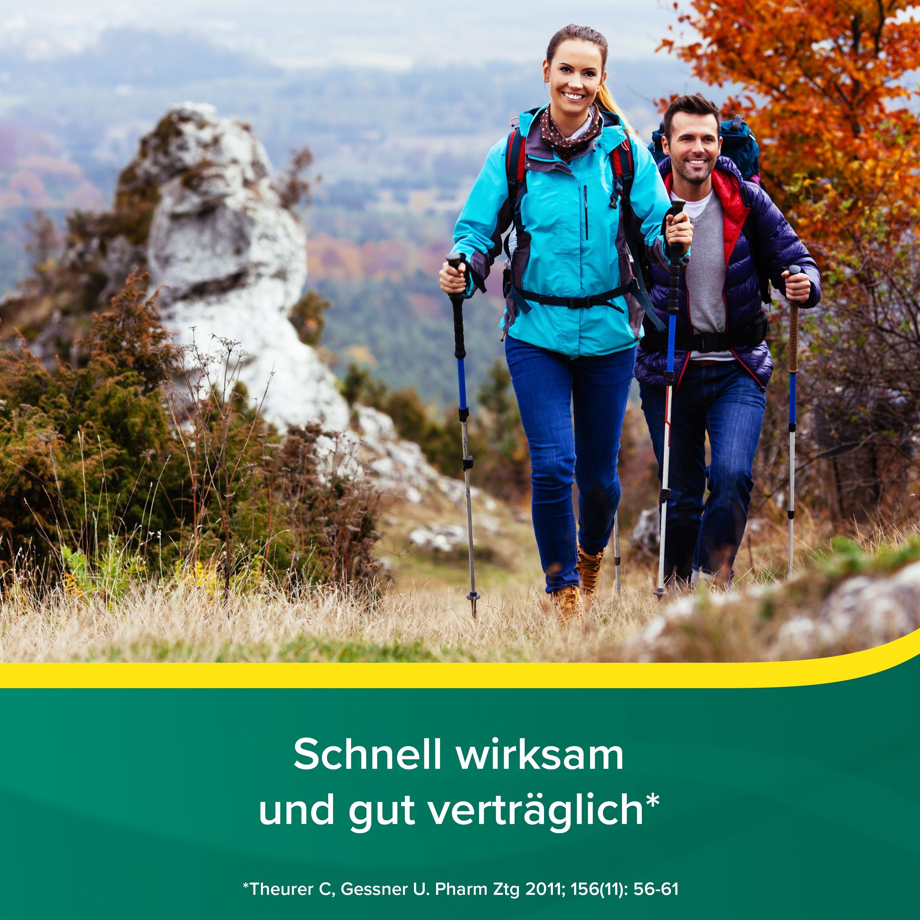 Ein Paar wandert. Text: Schnell wirksam und gut verträglich.