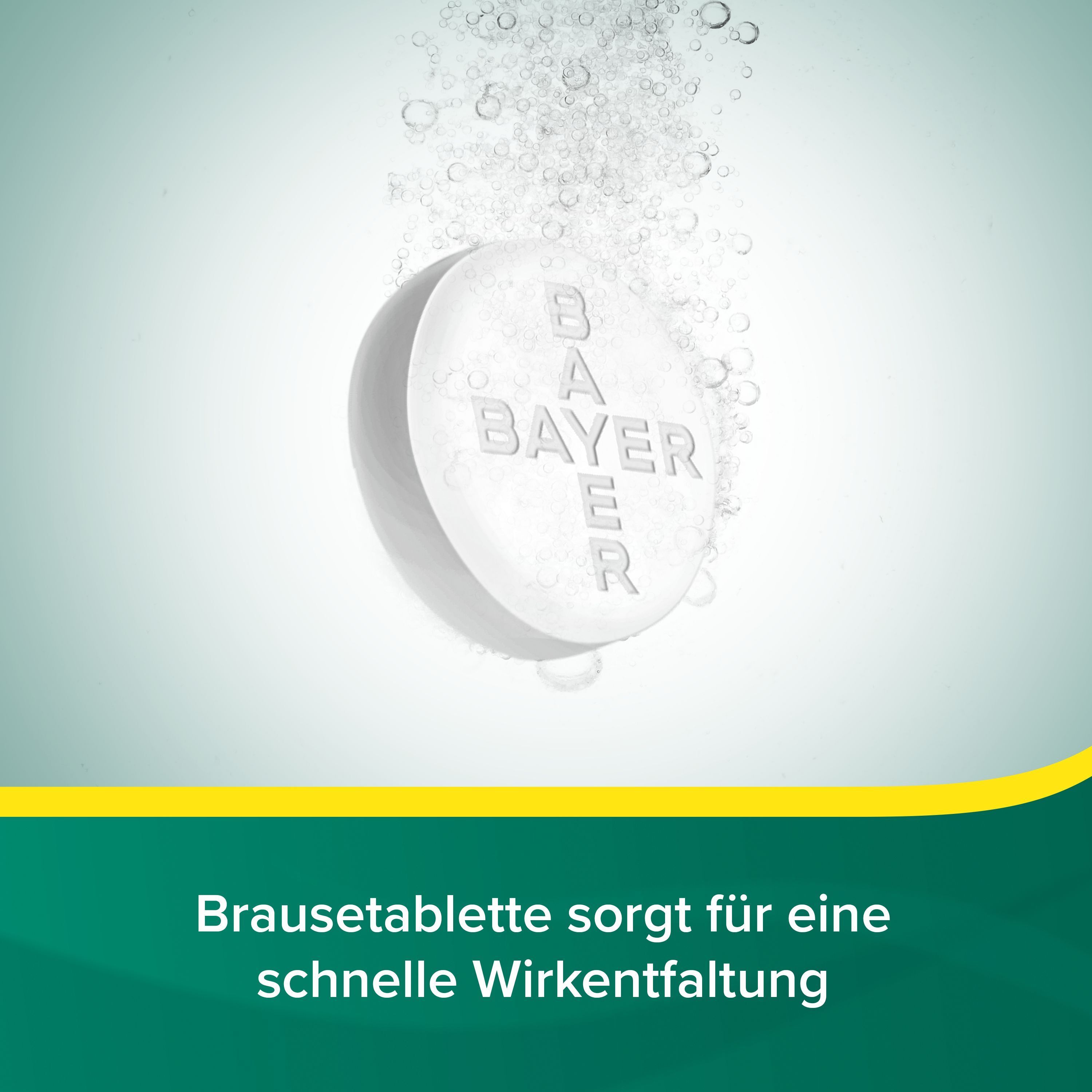 Brausetablette im Wasser. Text: Brausetablette sorgt für eine schnelle Wirkentfaltung.