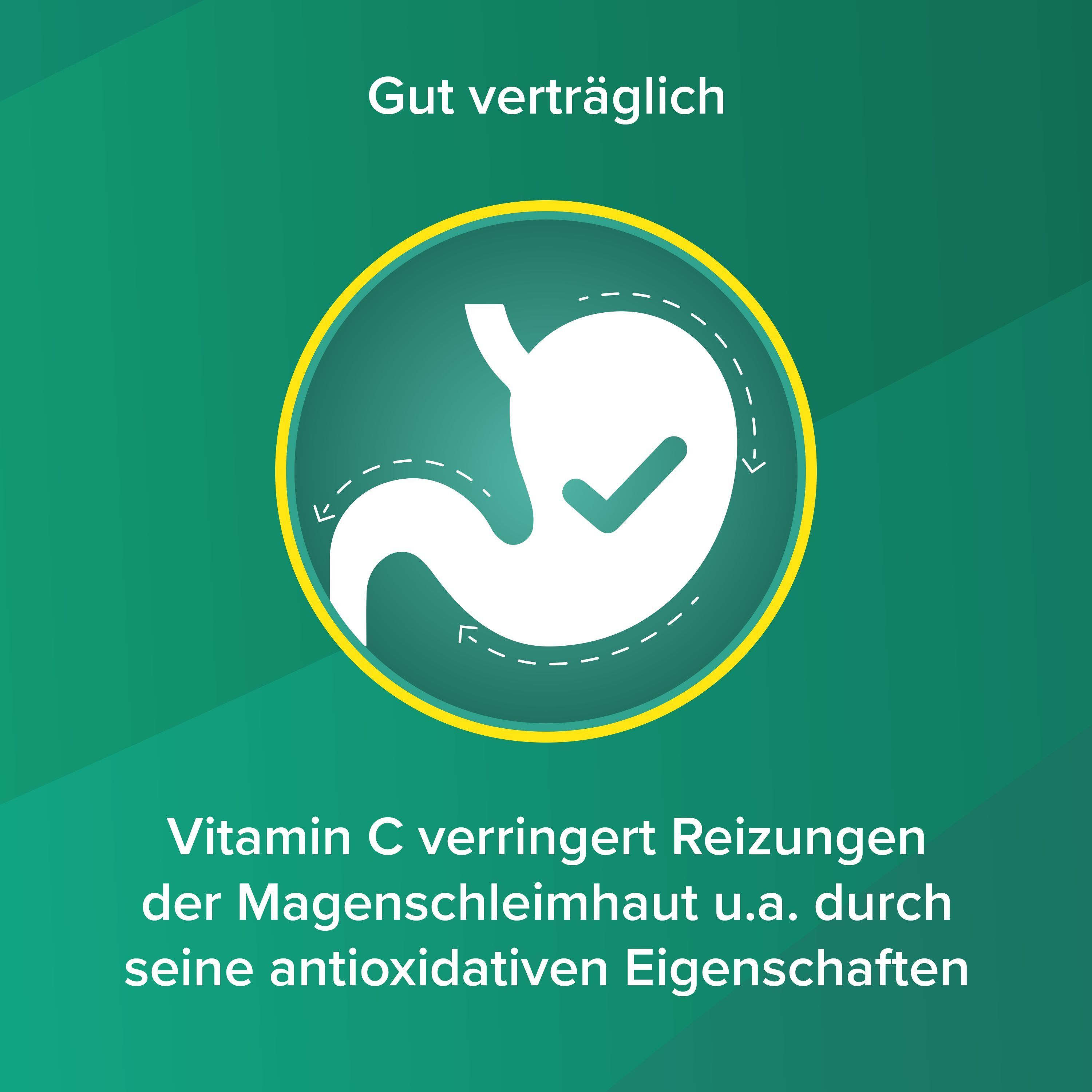 Grafik eines Magens mit Häkchen. Text: Gut verträglich. Vitamin C verringert Reizungen der Magenschleimhaut.