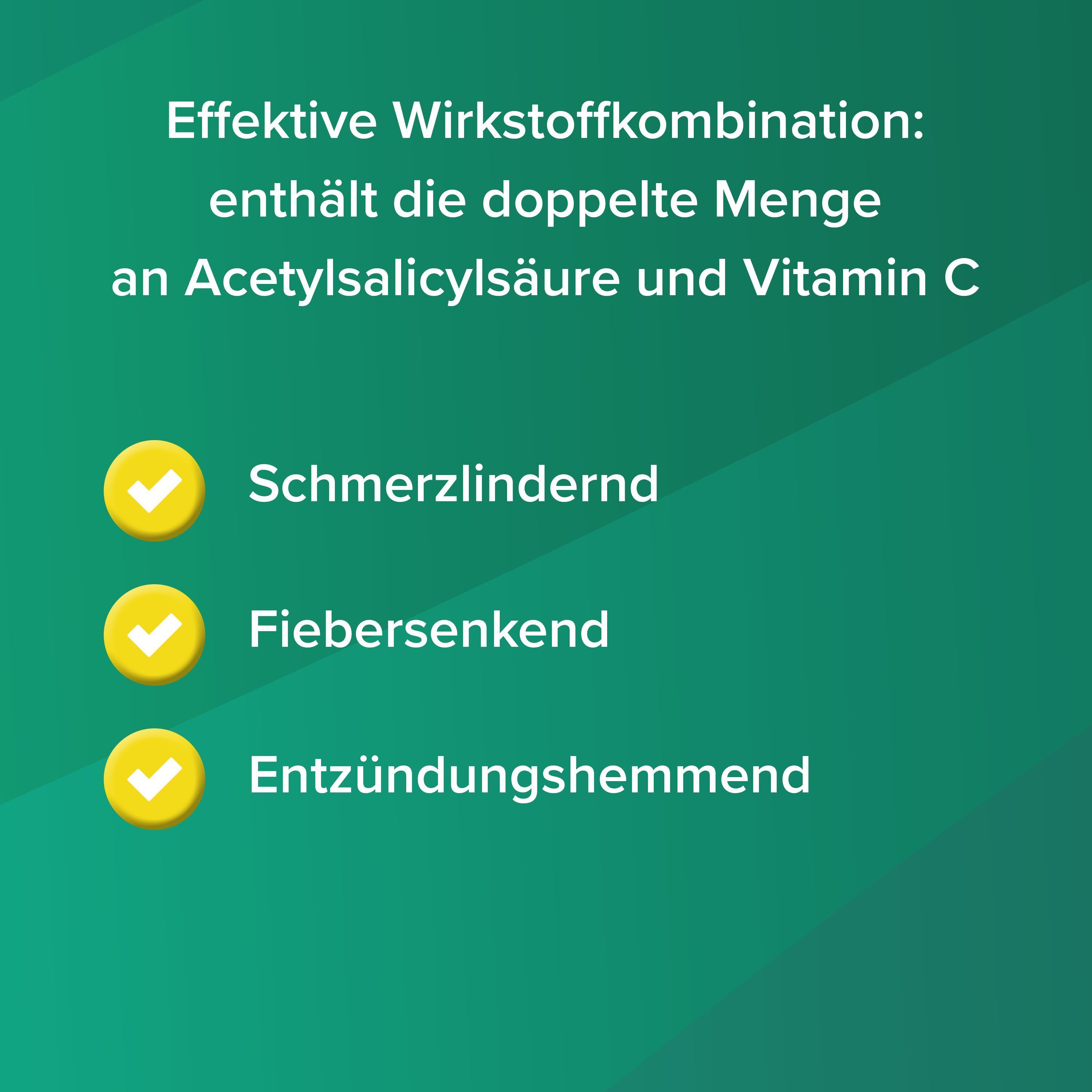 Drei Icons mit Häkchen. Text: Schmerzlindernd, Fiebersenkend, Entzündungshemmend.