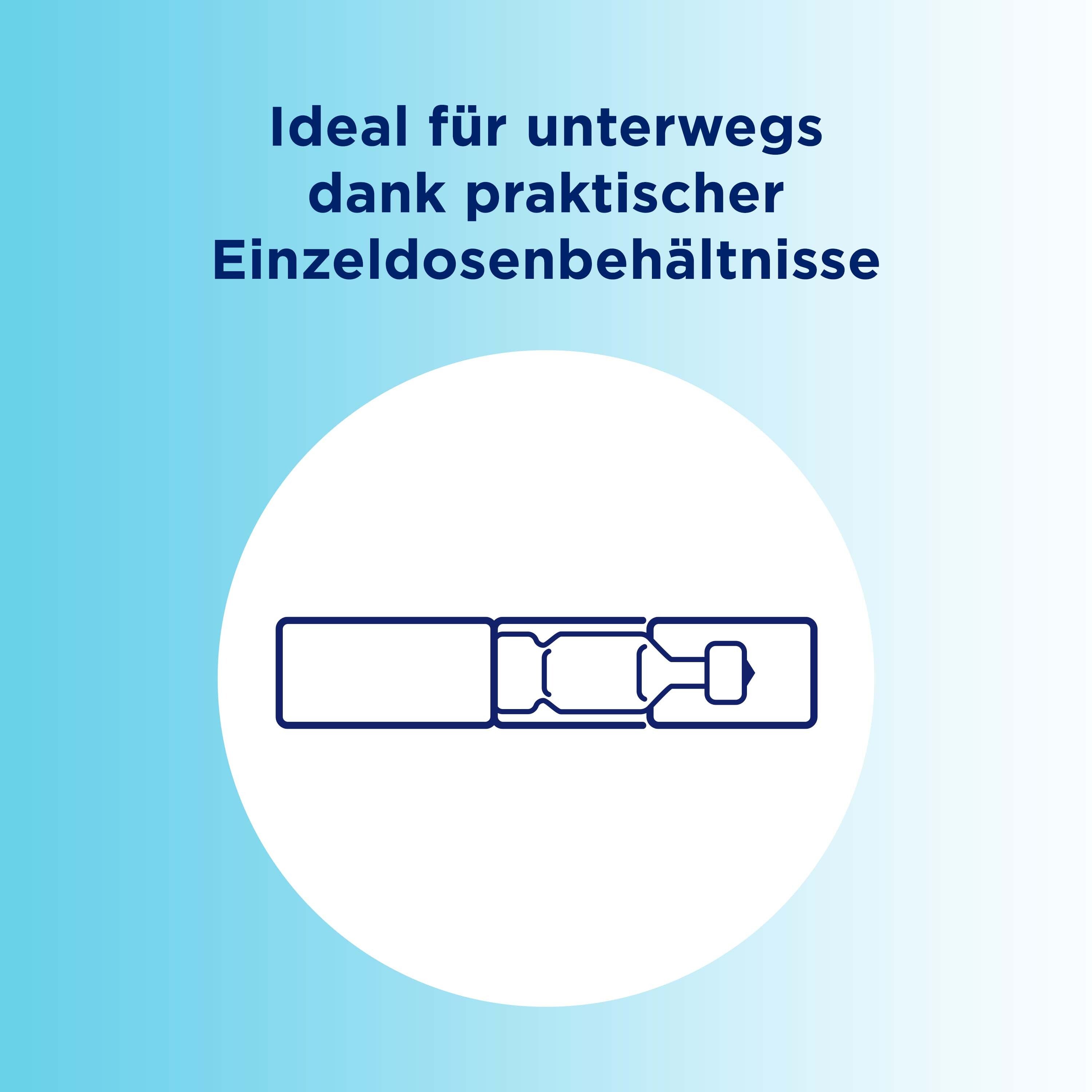 Grafik einer Einzeldosis-Behältnis. Text: Ideal für unterwegs dank praktischer Einzeldosisbehältnisse.