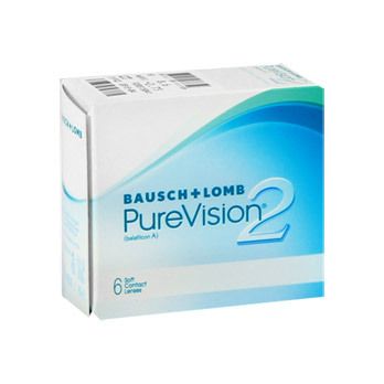 Verpackung von Bausch + Lomb PureVision 2. Sechs weiche Kontaktlinsen. Blaue und weiße Farbgebung.