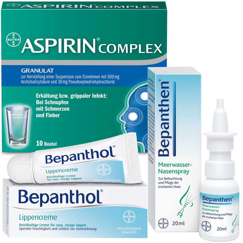 Das Bayer Erkältungsset zeigt Aspirin Complex, Bepanthen Lippencreme und Meerwasser-Nasenspray. Verpackungen und Tuben sind sichtbar.