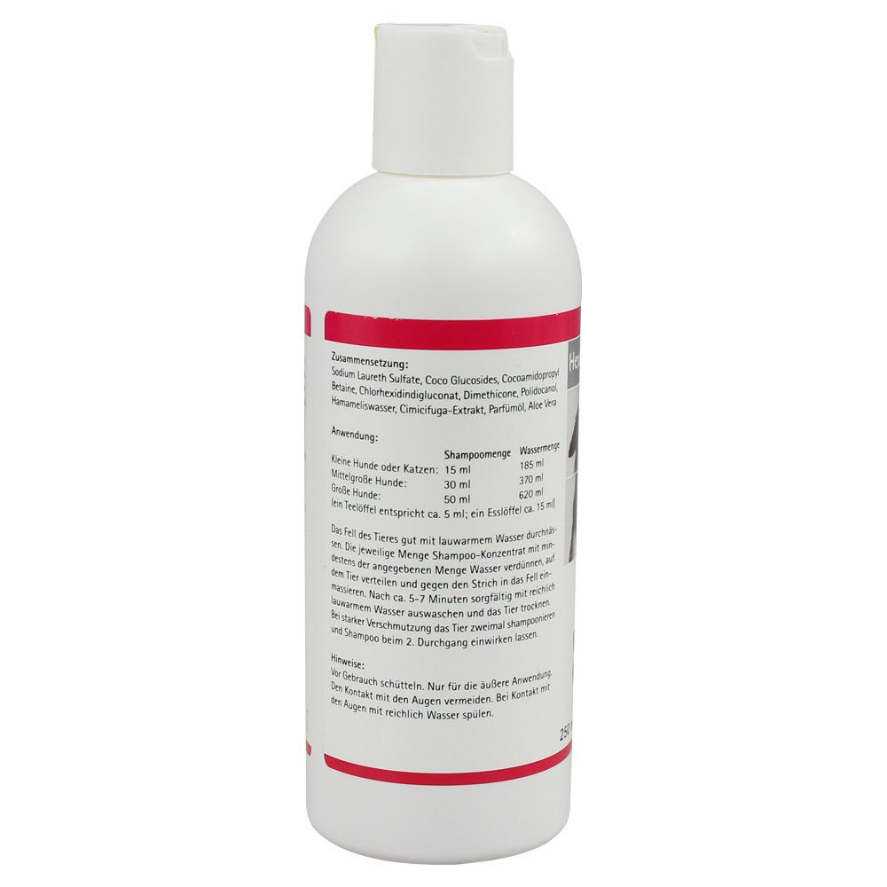 Rückseite der weißen Flasche HexoCare® Shampoo 4% mit Text. Enthält Inhaltsstoffe und Anwendungshinweise.