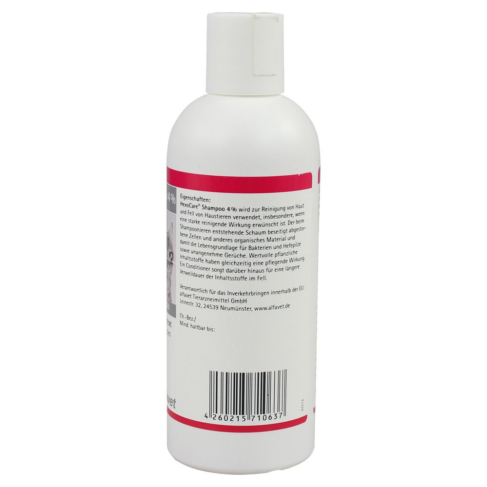 Weiße Flasche HexoCare® Shampoo 4% mit Text und Barcode. Enthält Produktinformationen und Herstellerangaben.