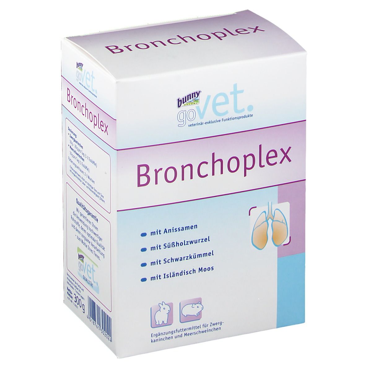 goVet Bronchoplex-Verpackung. Weißer Karton mit Produktnamen und Inhaltsstoffen. Abbildung von Lunge.