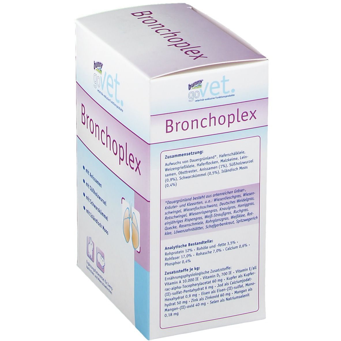 goVet Bronchoplex-Verpackung. Weißer Karton mit Produktnamen und Inhaltsstoffen. Detailansicht der Inhaltsstoffe.