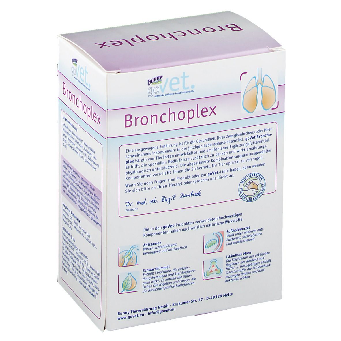 goVet Bronchoplex-Verpackung. Weißer Karton mit Produktnamen und Inhaltsstoffen. Text über die Gesundheit.