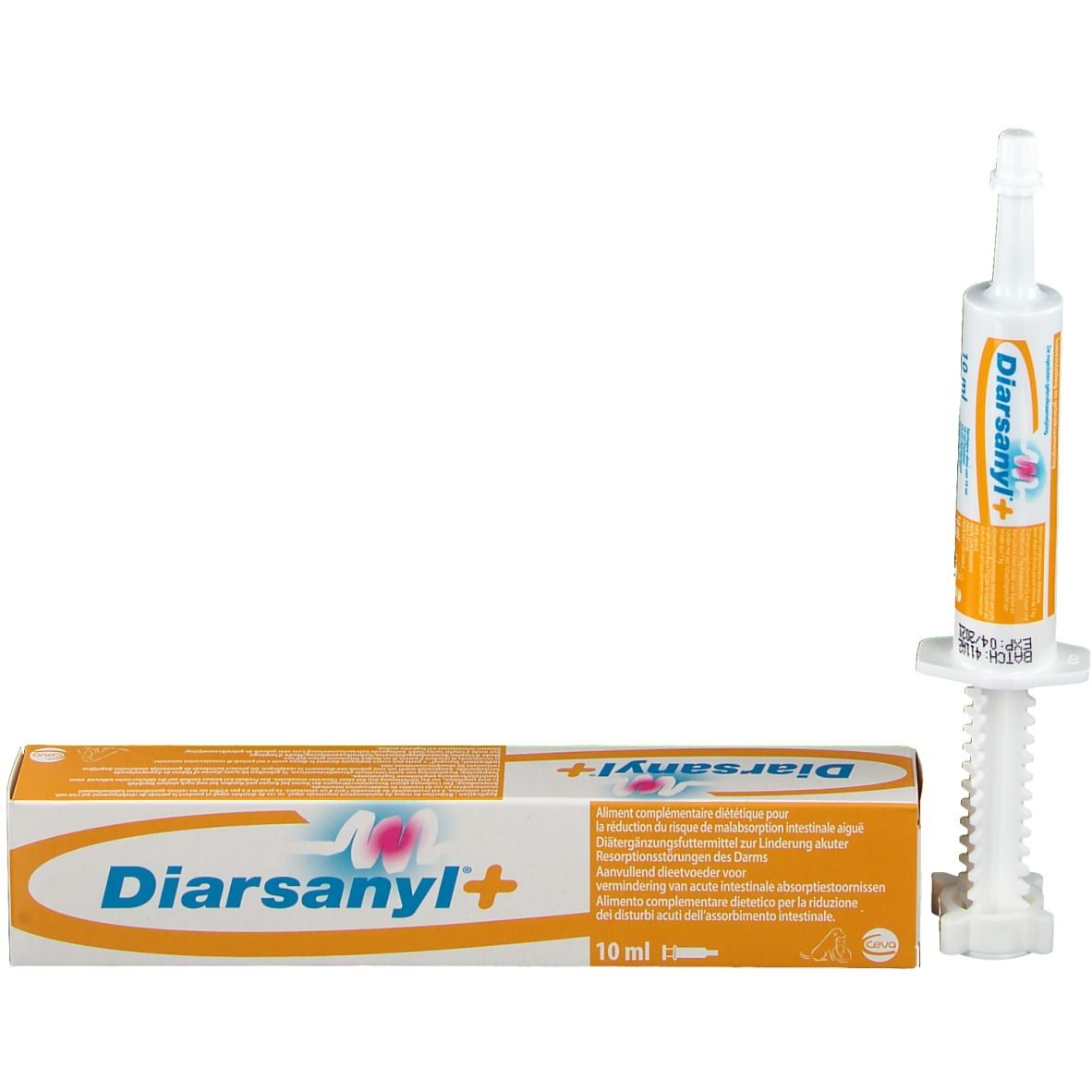 Produktverpackung und Spritze. Verpackung mit Aufschrift Diarsanyl+. Spritze mit orangefarbenem Etikett.