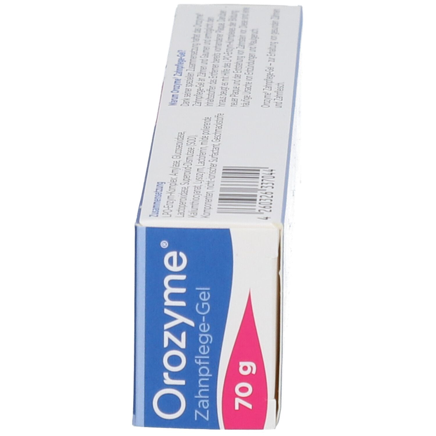 Seite der Zahnpflege-Gel-Schachtel. Text in mehreren Sprachen. Herstellerlogo.