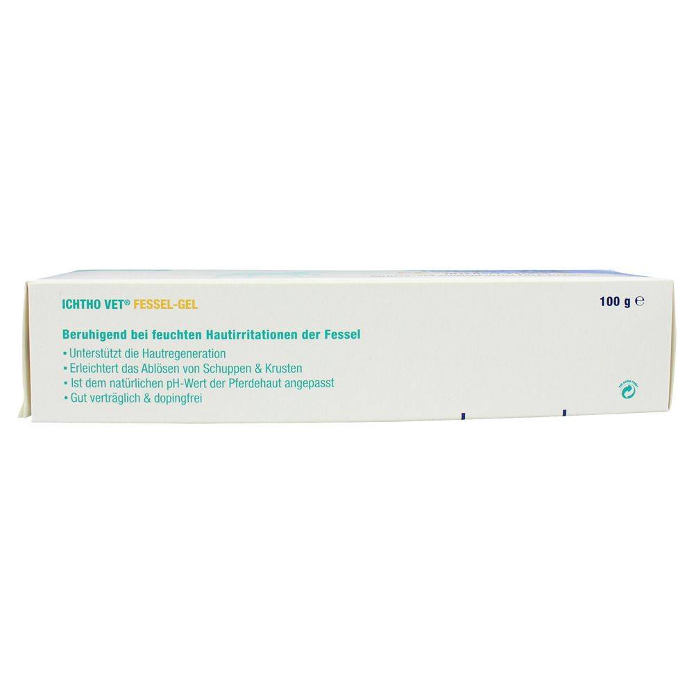 Produktverpackung, Seitenansicht. Text: ICHTHO VET® FESSEL-GEL. 100 g. Beschreibungen zur Anwendung.