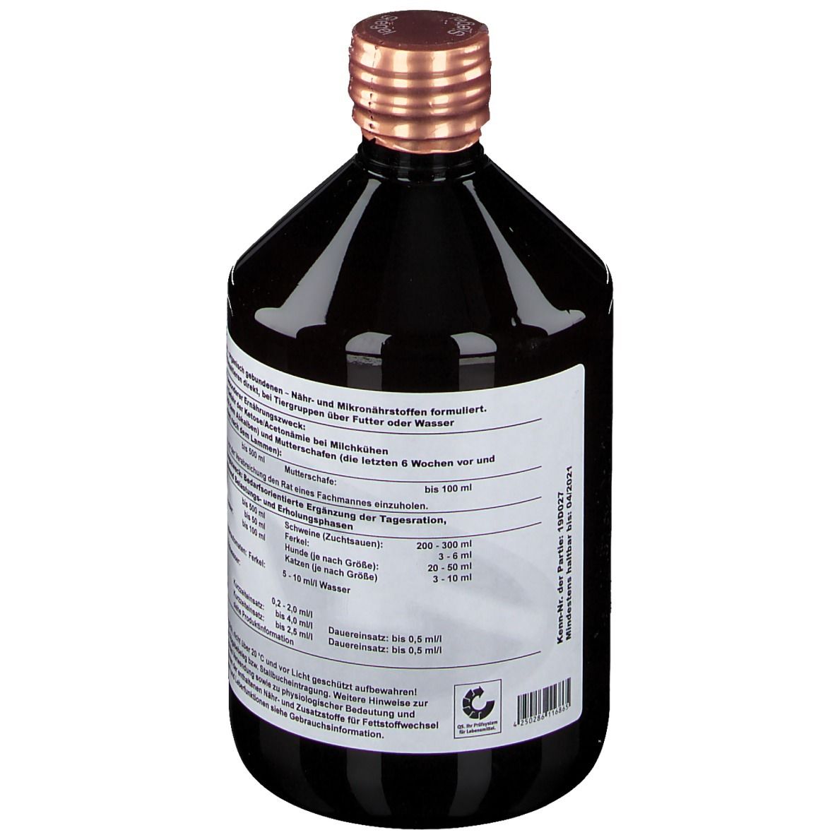 Braune Flasche mit kupferfarbenem Verschluss. Etikett mit Produktinformationen und Dosierungsanweisungen.