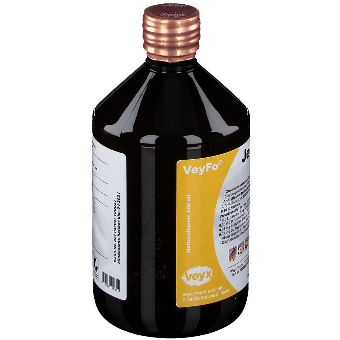 Braune Flasche mit kupferfarbenem Verschluss. Etikett mit Produktnamen VeyFo Jecuplex und Inhaltsstoffen.