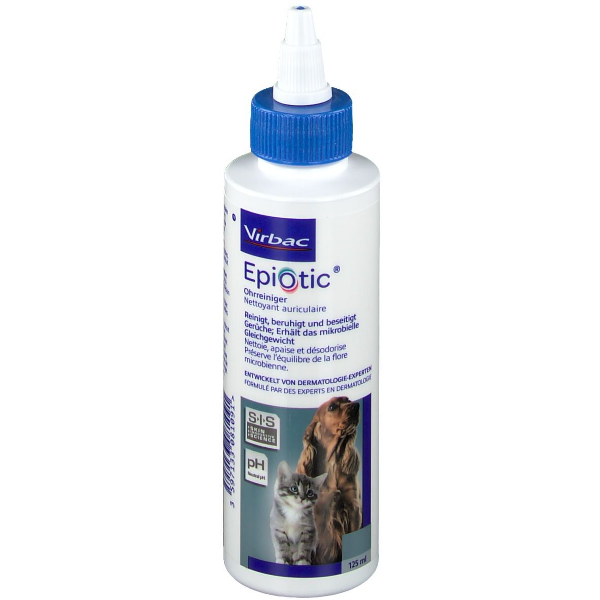 Weiße Flasche mit blauem Verschluss. Aufschrift Epi-Otic® und Virbac. Abbildung von Hund und Katze.