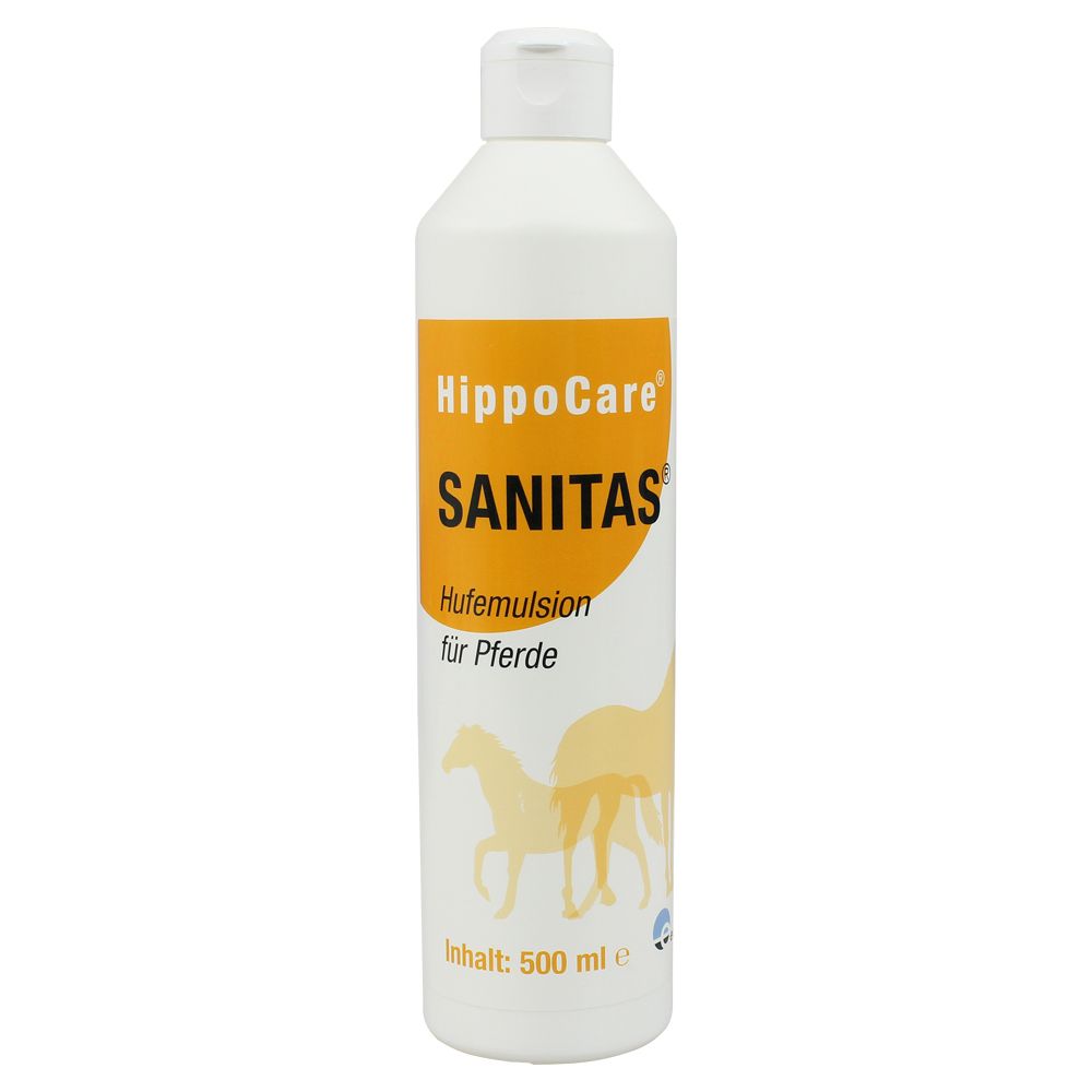 Weiße Flasche mit gelbem Etikett. Aufschrift: HippoCare SANITAS Hufemulsion für Pferde. Inhalt: 500 ml.