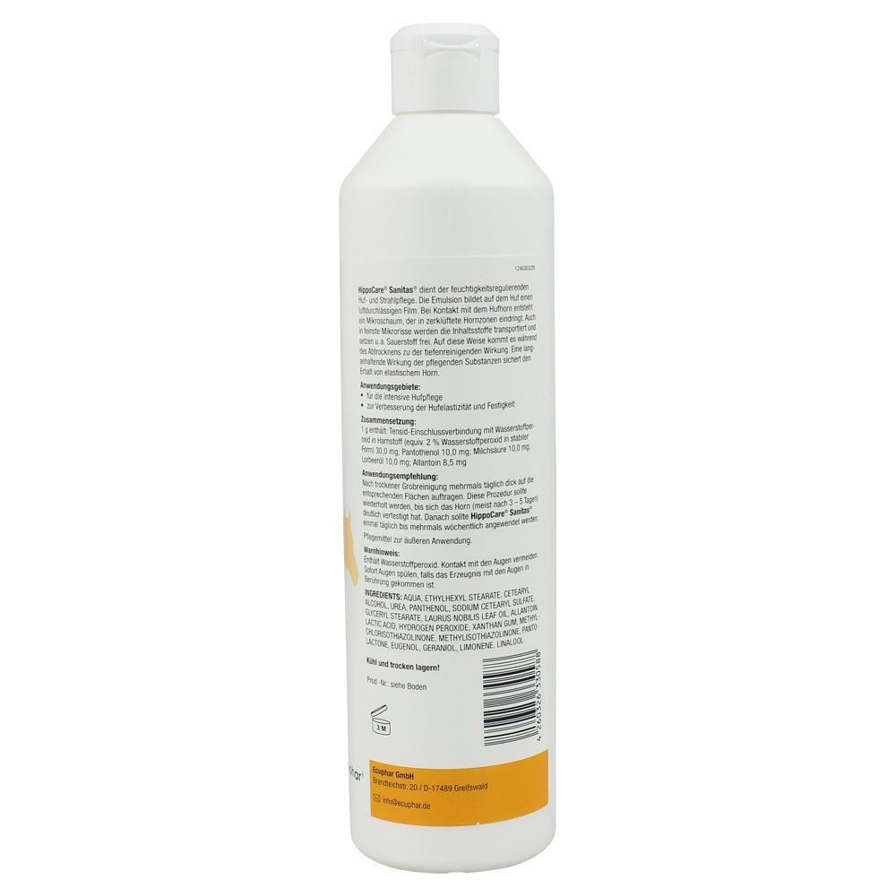 Rückseite einer weißen Flasche mit gelbem Etikett. Textinformationen, Barcode und Herstellerangaben sind sichtbar.