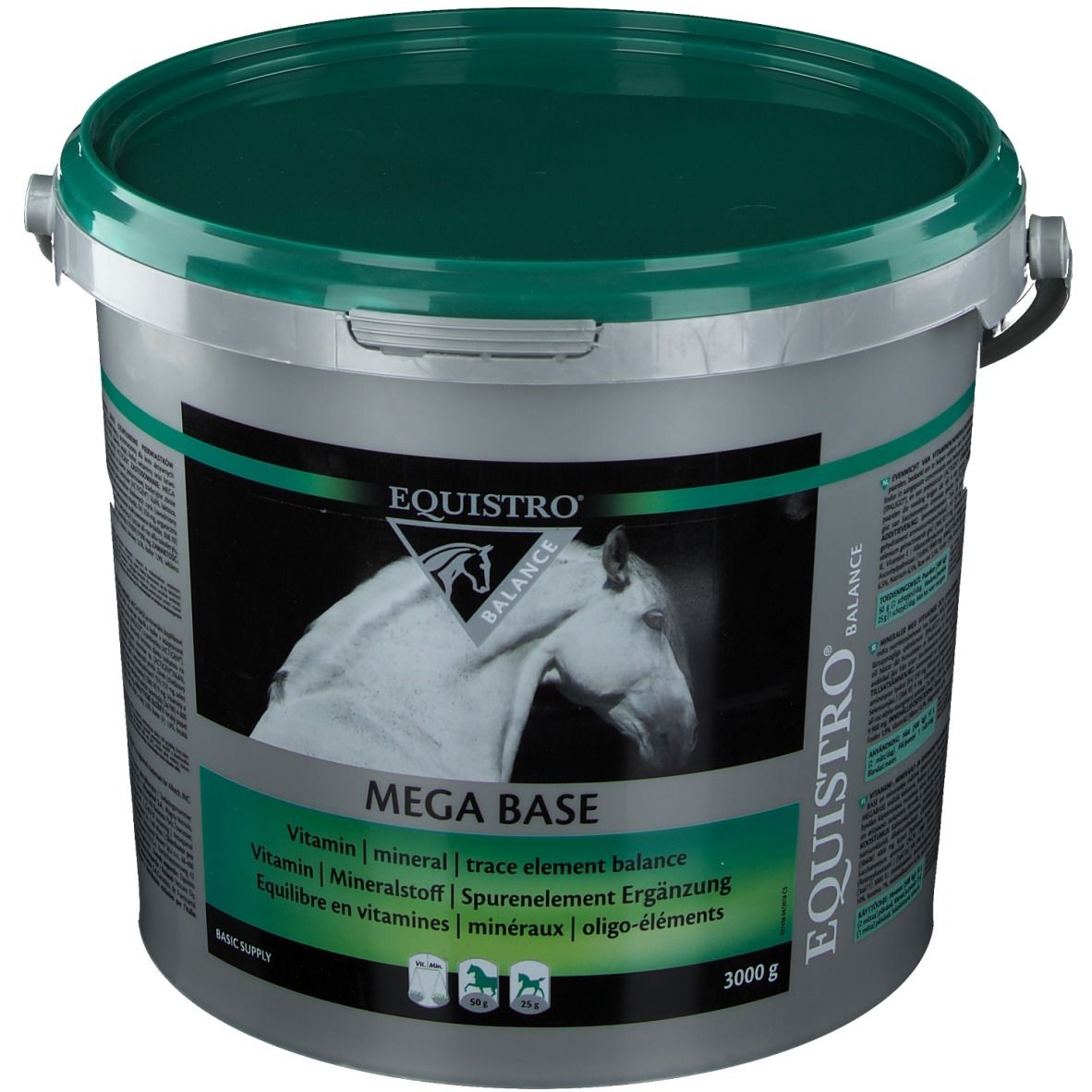 Eimer mit Deckel. Aufschrift: Equistro MEGA BASE. Enthält Vitamine, Mineralien und Spurenelemente. 3000g.
