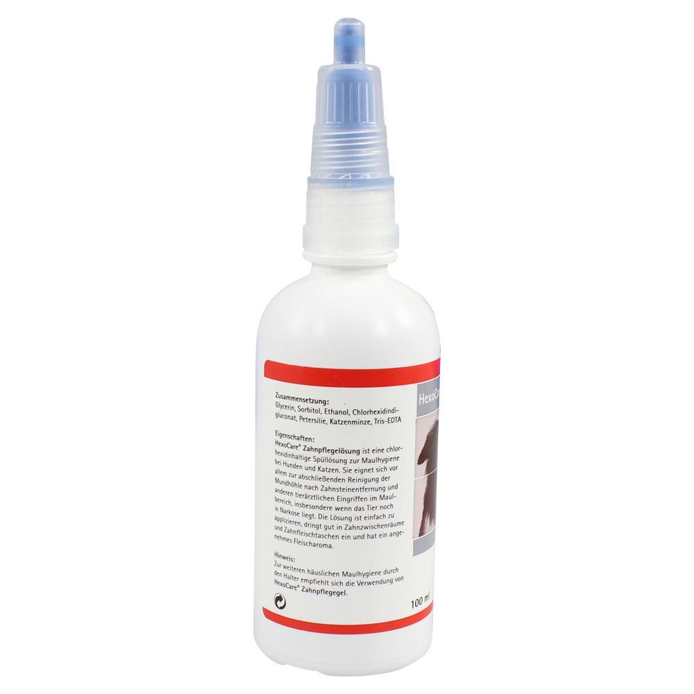 Weiße Flasche mit blauem Sprühkopf. Rückseite mit Text und Abbildung von Hund und Katze.