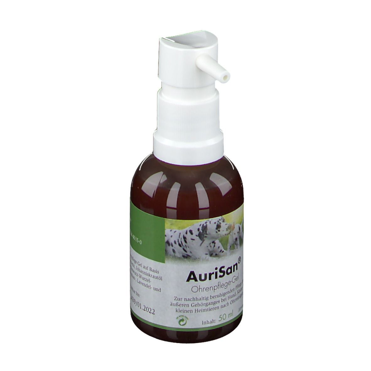 Aurisan Ohrenpflege-Gel in brauner Flasche mit Pumpspender und Applikator. 50 ml.