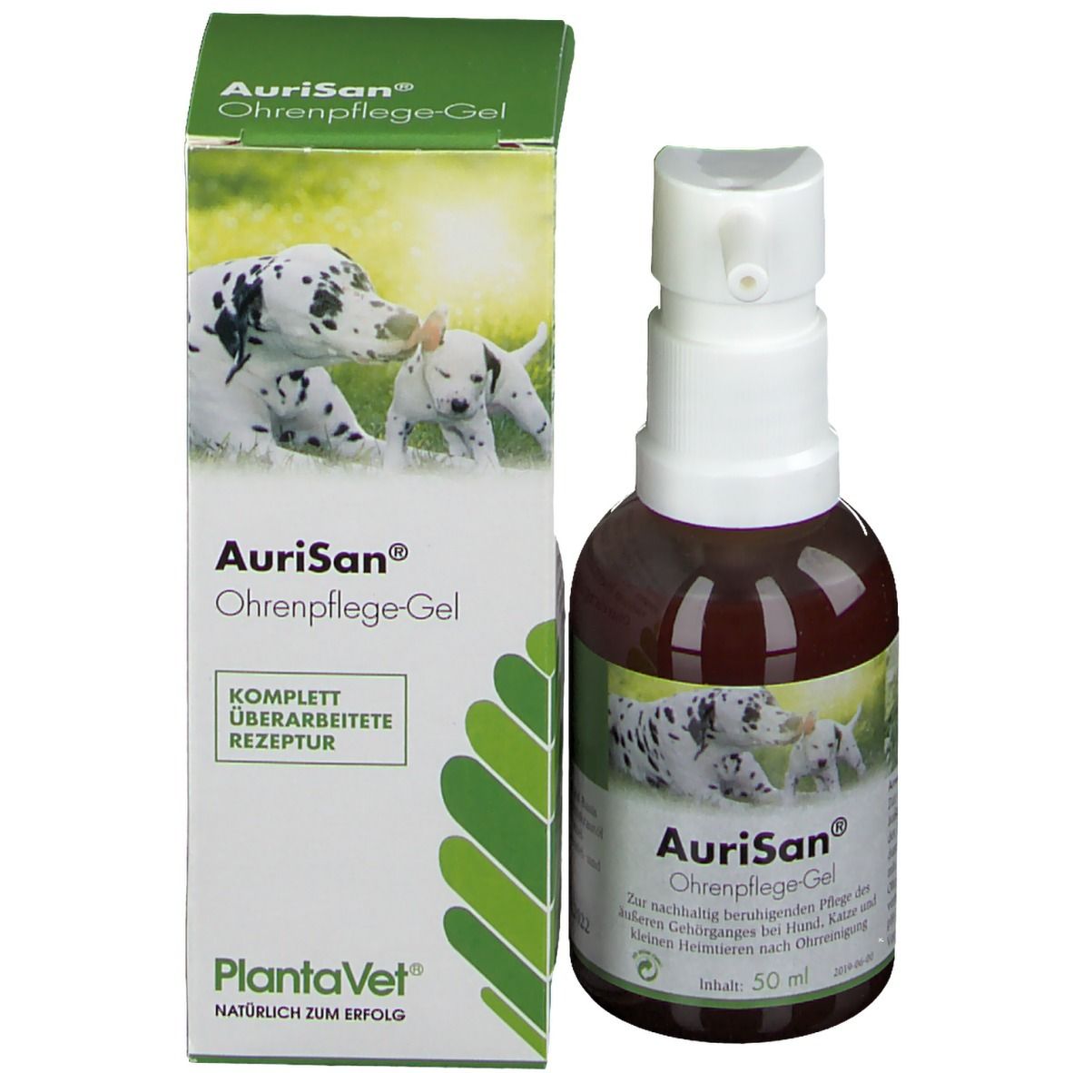AuriSan Ohrenpflege-Gel in brauner Flasche mit weißem Pumpspender, 50 ml. Kartonverpackung daneben.