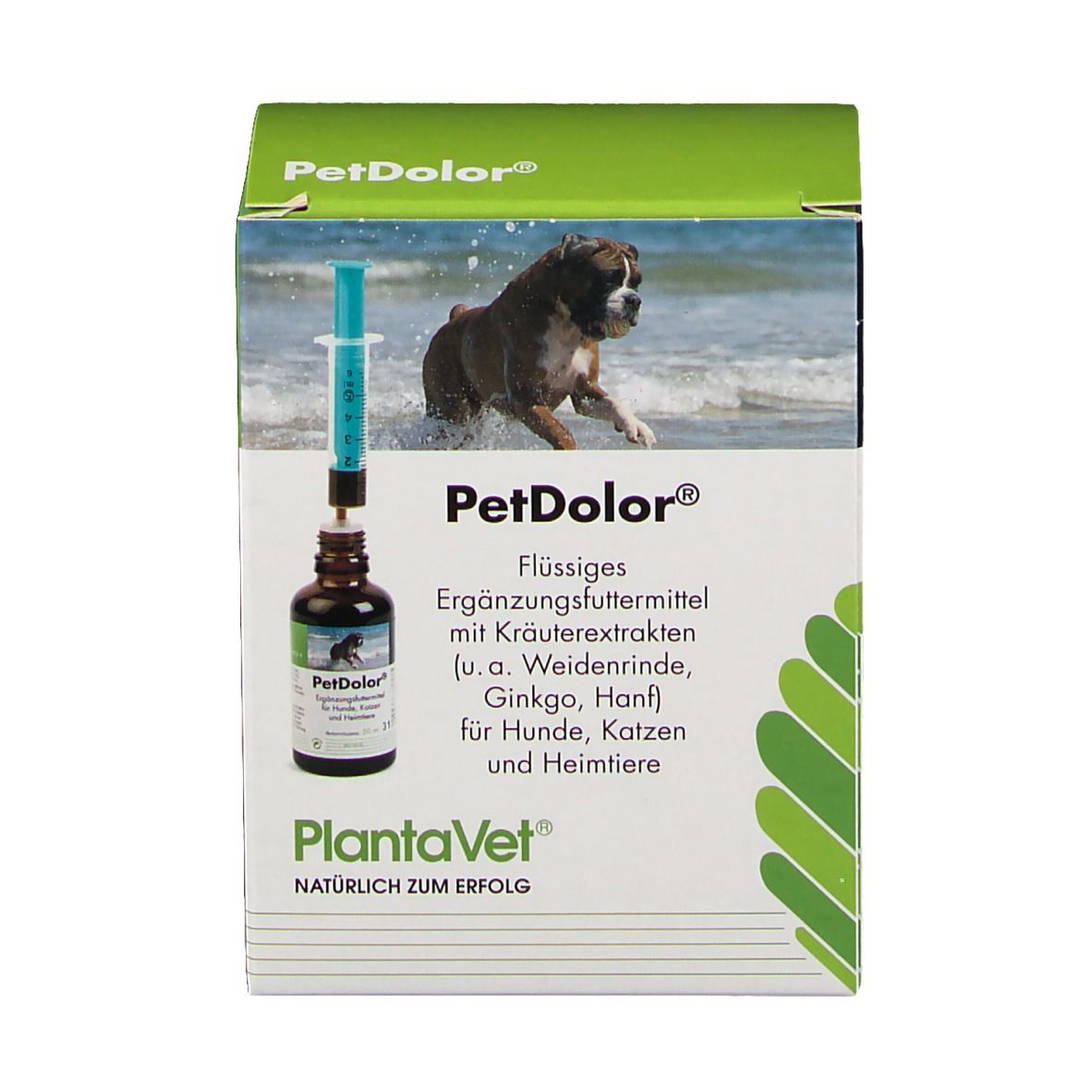 PetDolor-Verpackung. Flasche, Spritze und Dosierhilfe. Produktetikett, PlantaVet-Logo. Grün-weiße Schachtel.