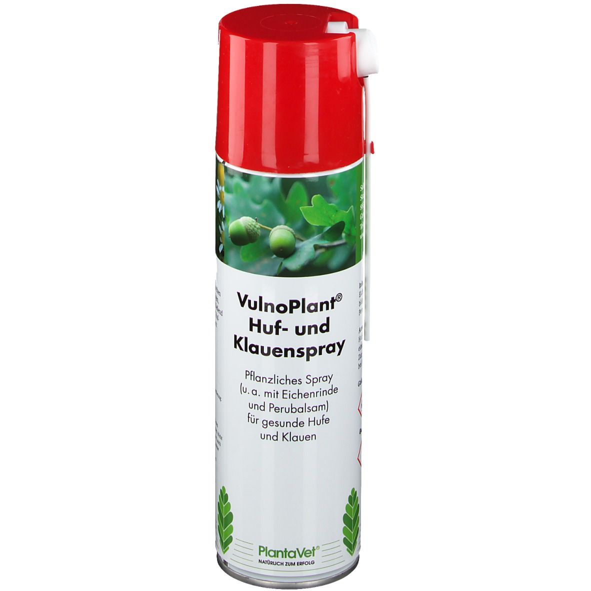Spraydose mit rotem Deckel. Aufschrift: VulnoPlant Huf- und Klauenspray. Pflanzliches Spray für gesunde Hufe und Klauen.