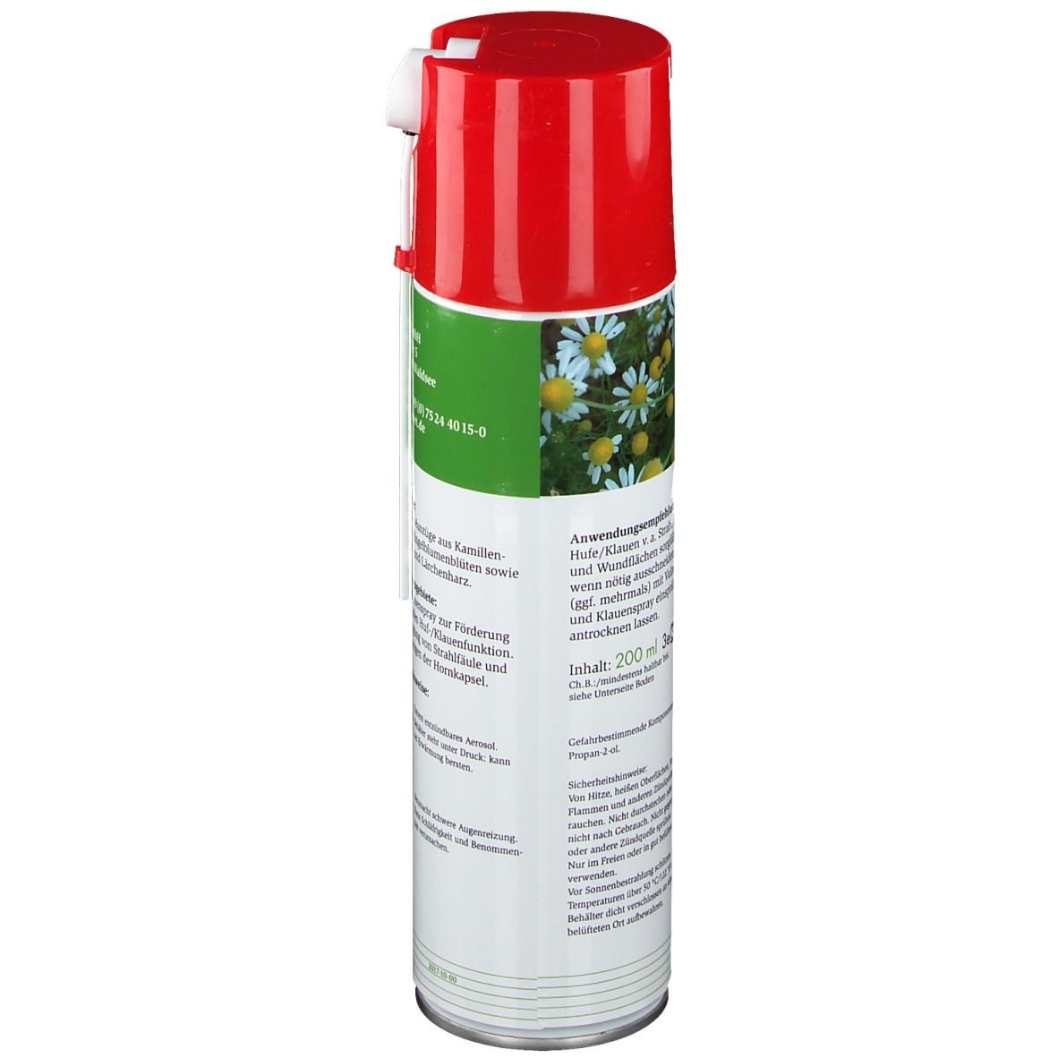 Rückseite einer Spraydose mit rotem Deckel. Textinformationen, darunter Anwendungsempfehlung und Inhaltsangabe. Inhalt: 200 ml.